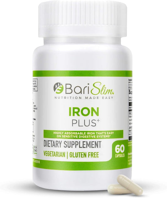 BariSlim Iron Plus Capsules - Post-Weight Loss Surgery Support for Gastric Bypass & Sleeve Patients - Easy to Digest with Full Health Benefits - 2 Months Supply