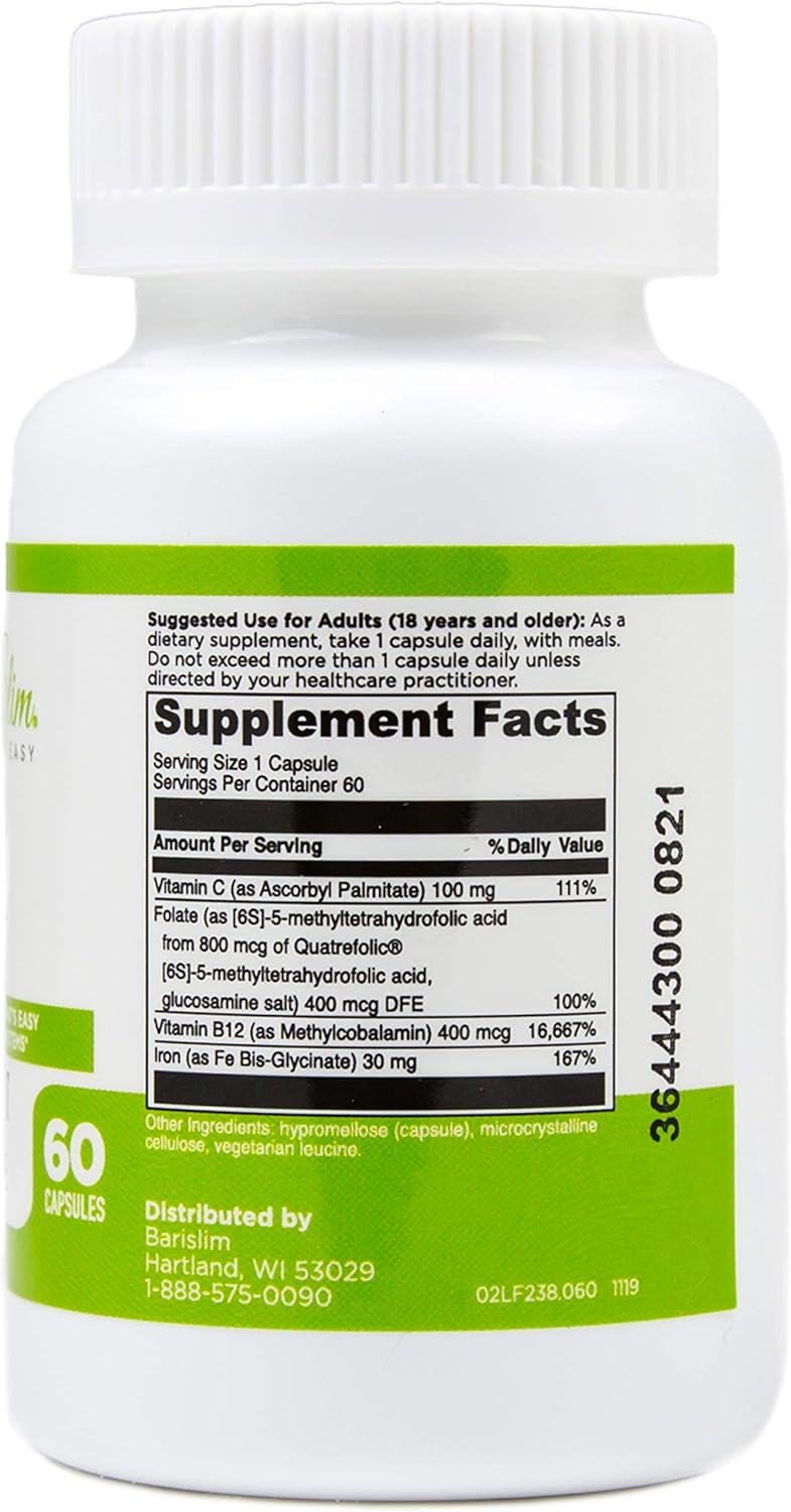 BariSlim Iron Plus Capsules - Post-Weight Loss Surgery Support for Gastric Bypass & Sleeve Patients - Easy to Digest with Full Health Benefits - 2 Months Supply