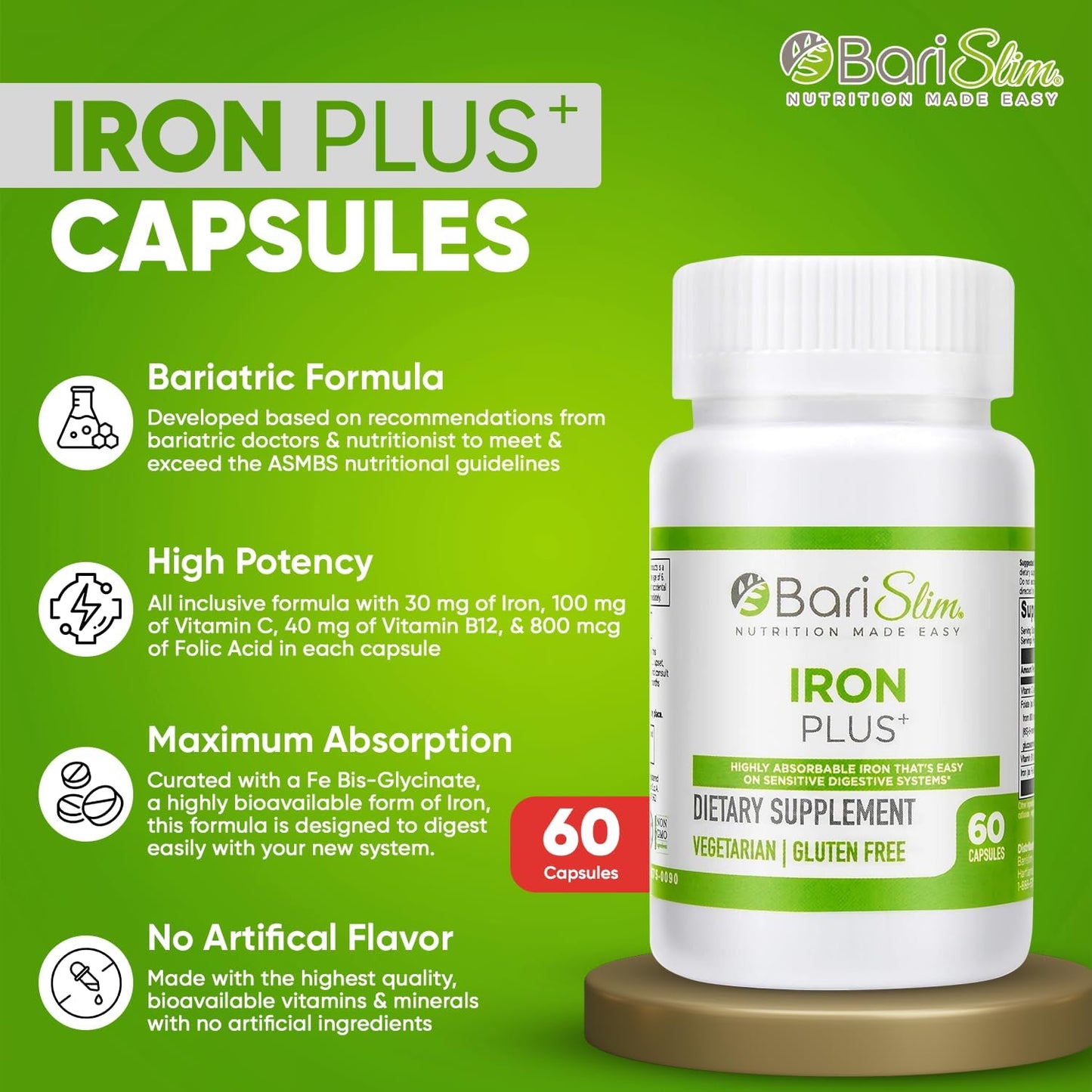 BariSlim Iron Plus Capsules - Post-Weight Loss Surgery Support for Gastric Bypass & Sleeve Patients - Easy to Digest with Full Health Benefits - 2 Months Supply