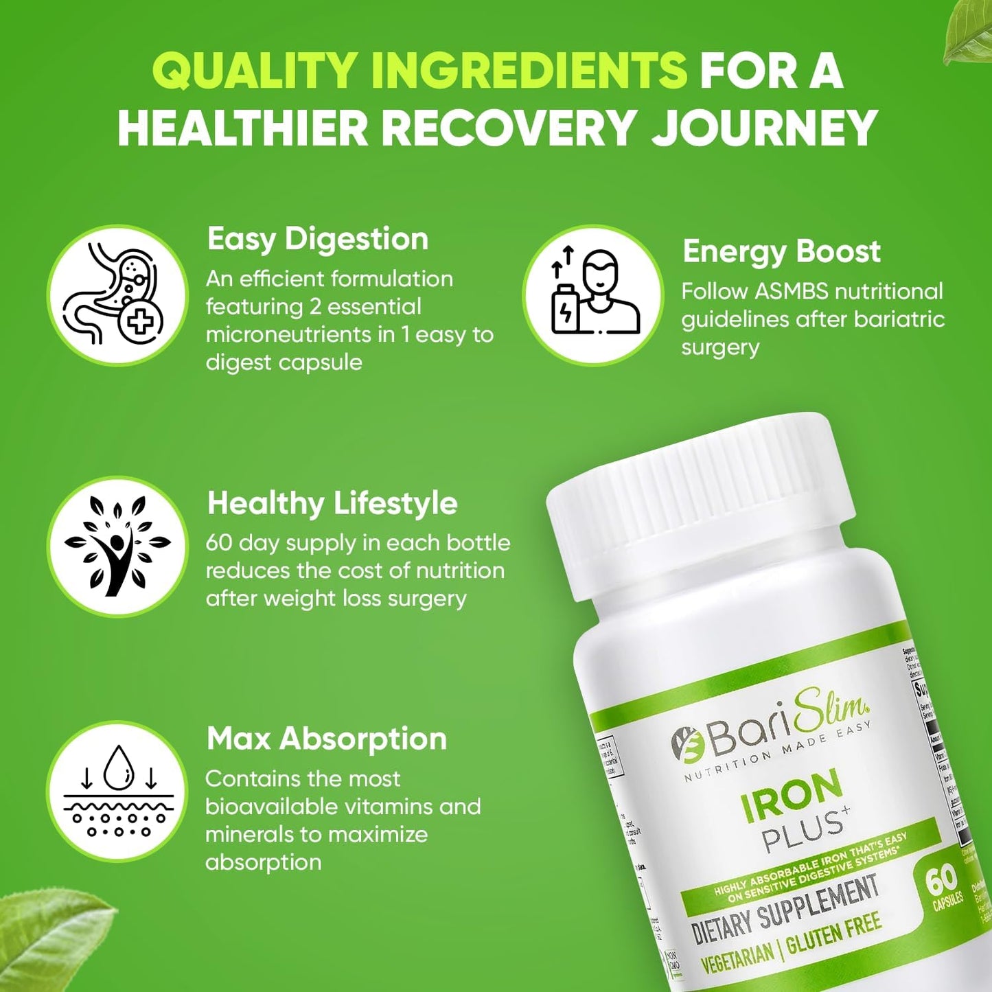 BariSlim Iron Plus Capsules - Post-Weight Loss Surgery Support for Gastric Bypass & Sleeve Patients - Easy to Digest with Full Health Benefits - 2 Months Supply