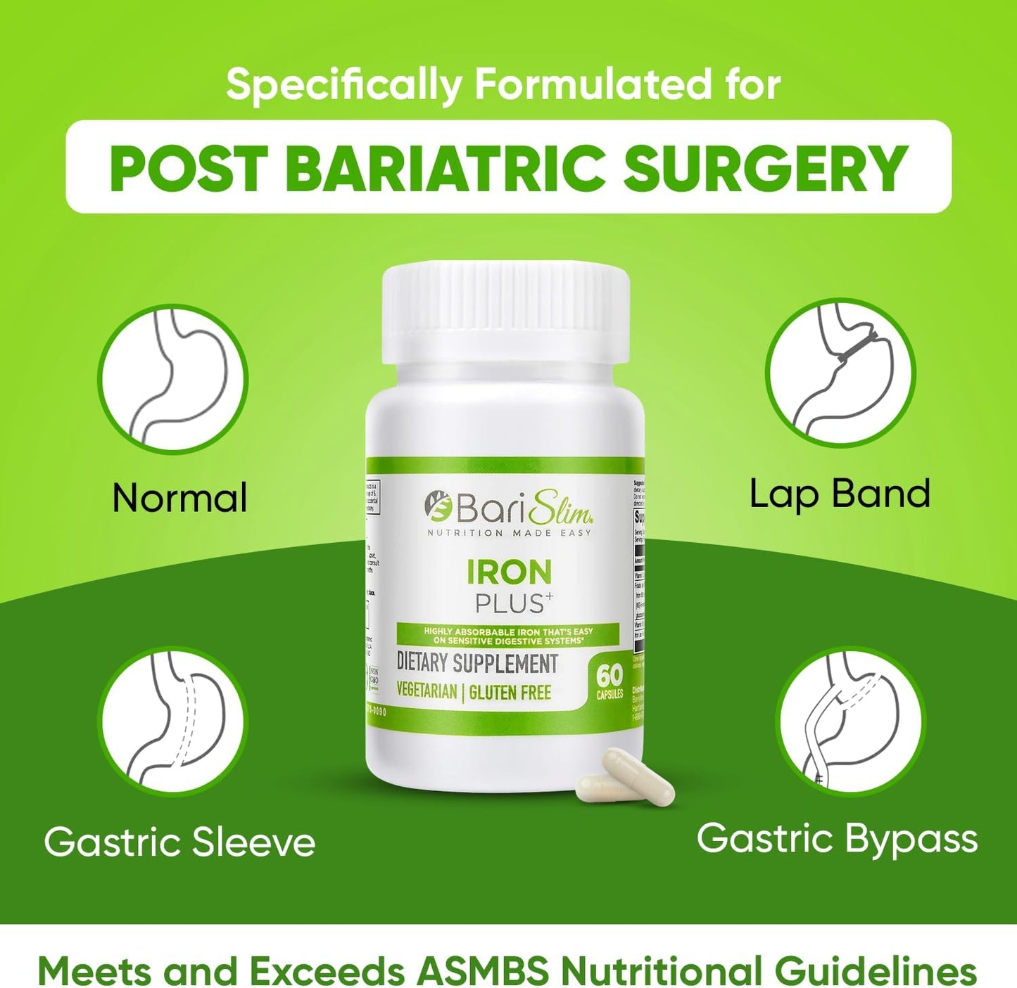 BariSlim Iron Plus Capsules - Post-Weight Loss Surgery Support for Gastric Bypass & Sleeve Patients - Easy to Digest with Full Health Benefits - 2 Months Supply