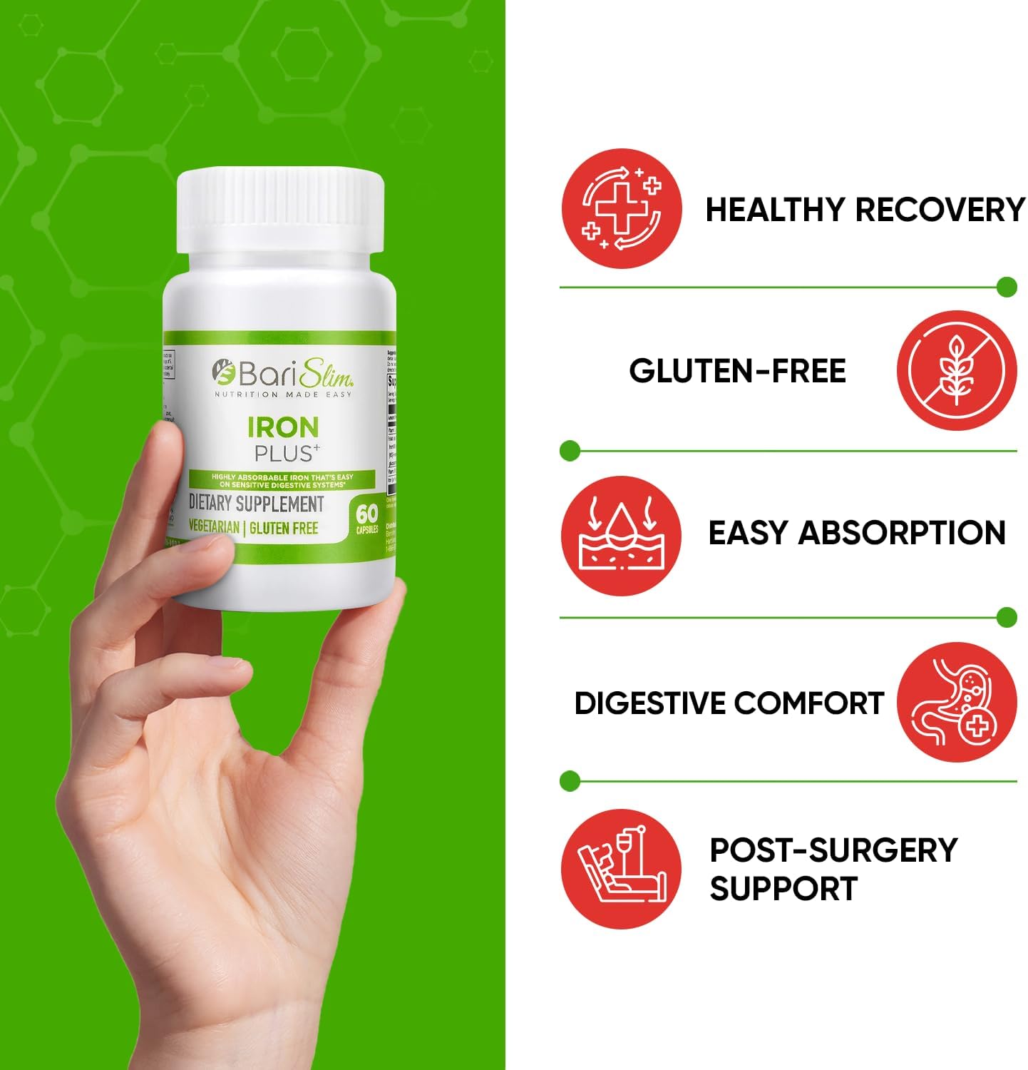 BariSlim Iron Plus Capsules - Post-Weight Loss Surgery Support for Gastric Bypass & Sleeve Patients - Easy to Digest with Full Health Benefits - 2 Months Supply