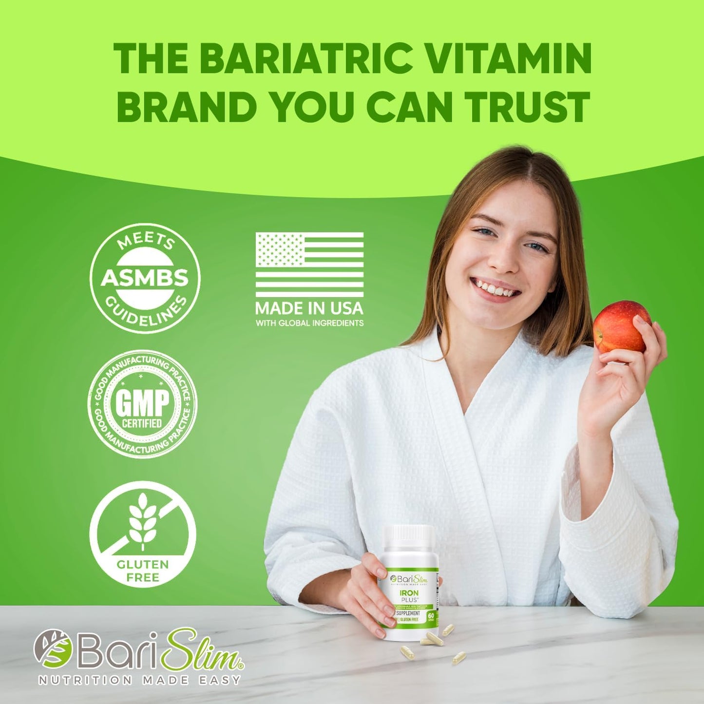 BariSlim Iron Plus Capsules - Post-Weight Loss Surgery Support for Gastric Bypass & Sleeve Patients - Easy to Digest with Full Health Benefits - 2 Months Supply