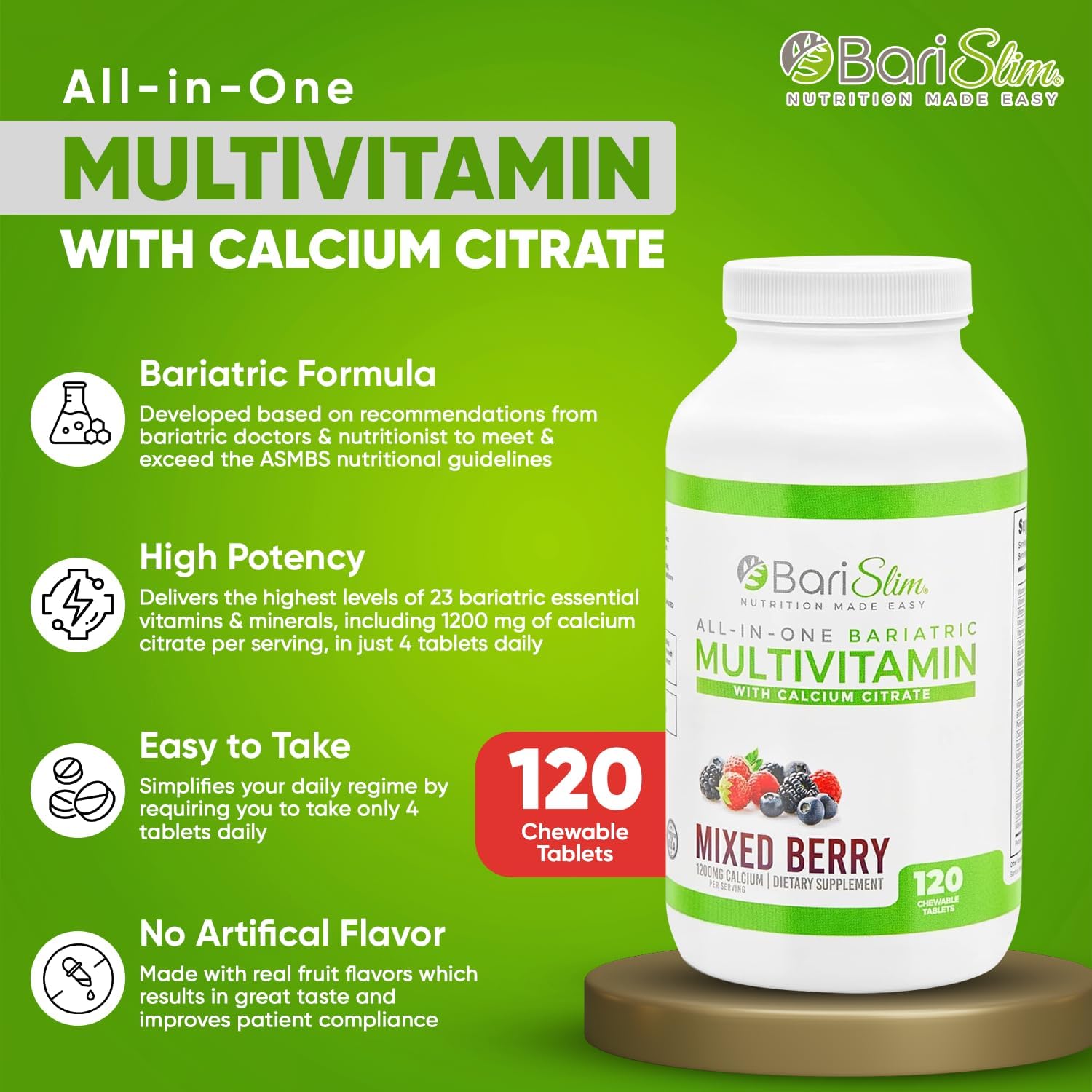 BariSlim Mixed Berry Bariatric Chewable Multivitamin Tablets with Calcium Citrate - Post Bariatric Surgery Vitamin for Gastric Bypass & Sleeve (120 Count)