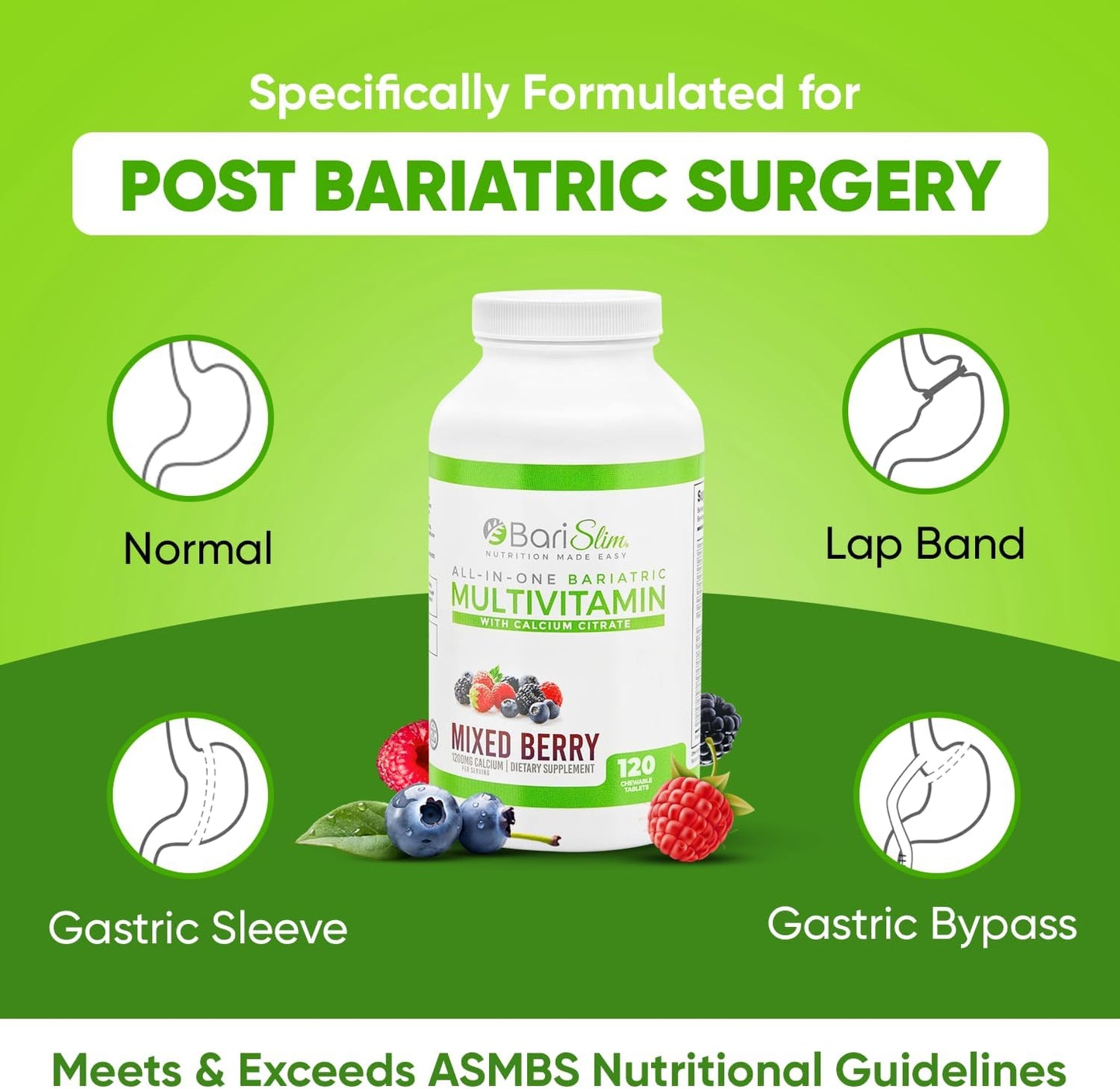 BariSlim Mixed Berry Bariatric Chewable Multivitamin Tablets with Calcium Citrate - Post Bariatric Surgery Vitamin for Gastric Bypass & Sleeve (120 Count)