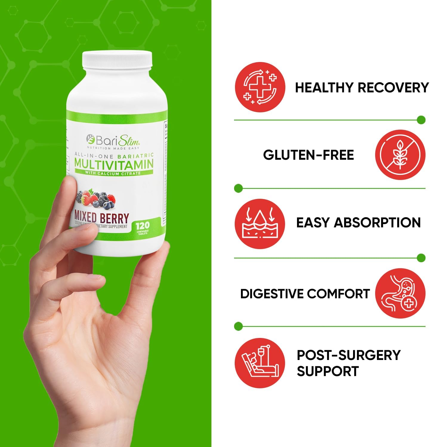BariSlim Mixed Berry Bariatric Chewable Multivitamin Tablets with Calcium Citrate - Post Bariatric Surgery Vitamin for Gastric Bypass & Sleeve (120 Count)