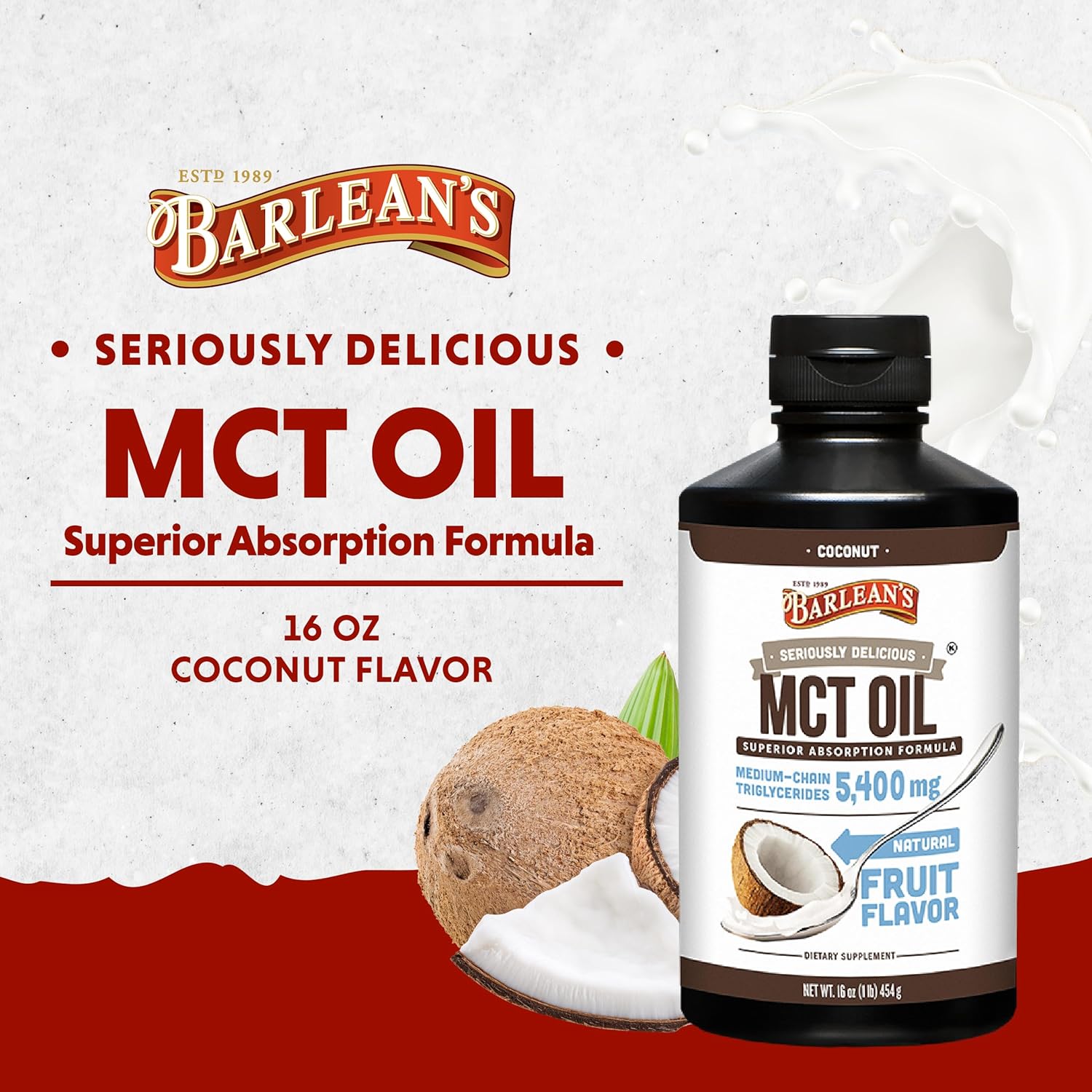 Barlean's Coconut Flavored Emulsified MCT Oil Supplement for Keto Coffee - 16 oz Bottle with 5,400mg Plant-Based MCTs for Energy and Focus