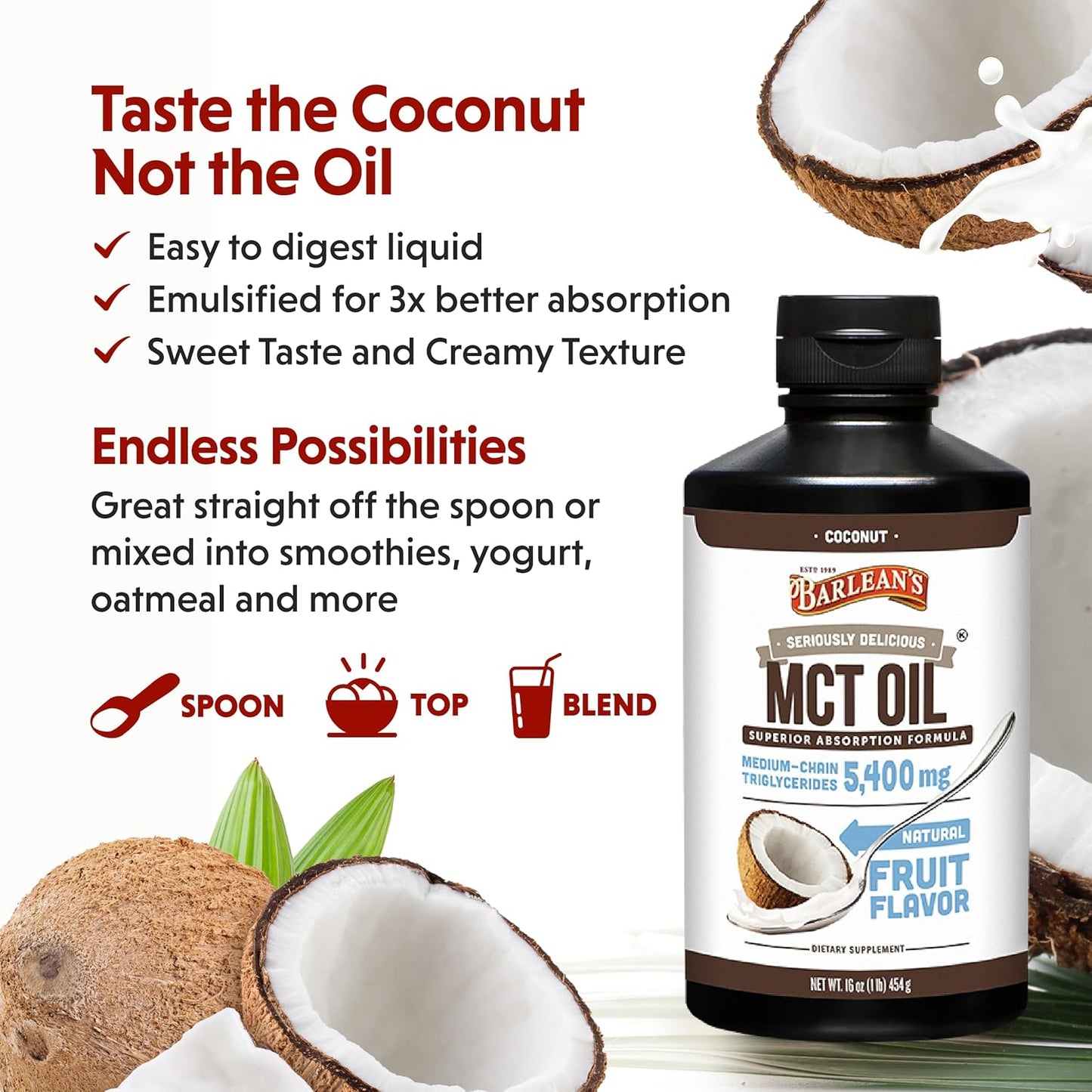 Barlean's Coconut Flavored Emulsified MCT Oil Supplement for Keto Coffee - 16 oz Bottle with 5,400mg Plant-Based MCTs for Energy and Focus