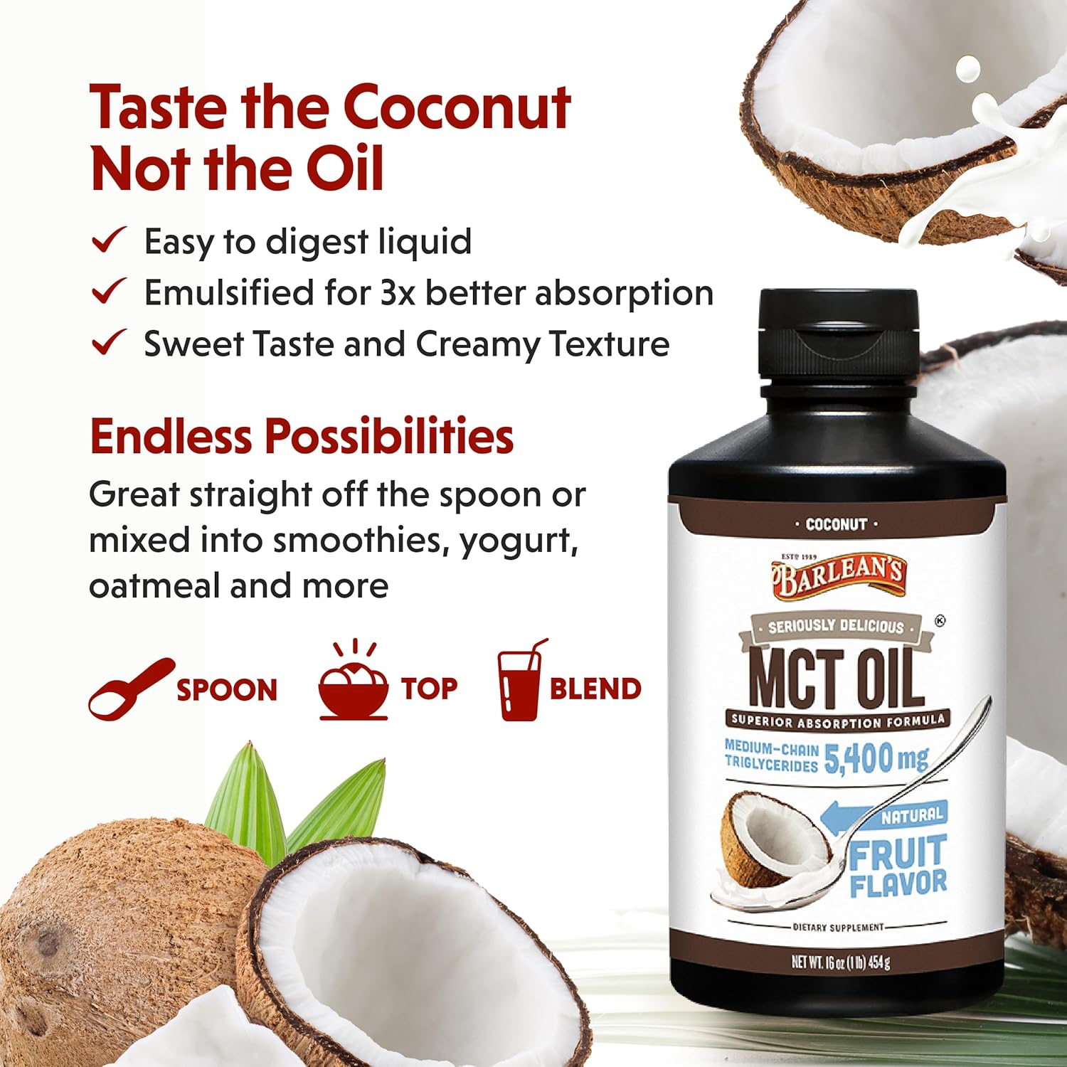 Barlean's Coconut Flavored Emulsified MCT Oil Supplement for Keto Coffee - 16 oz Bottle with 5,400mg Plant-Based MCTs for Energy and Focus