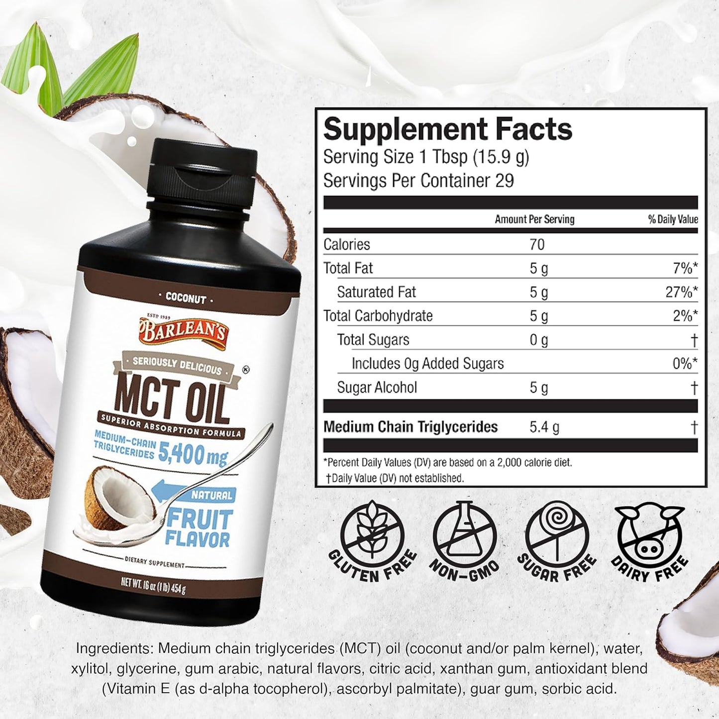 Barlean's Coconut Flavored Emulsified MCT Oil Supplement for Keto Coffee - 16 oz Bottle with 5,400mg Plant-Based MCTs for Energy and Focus