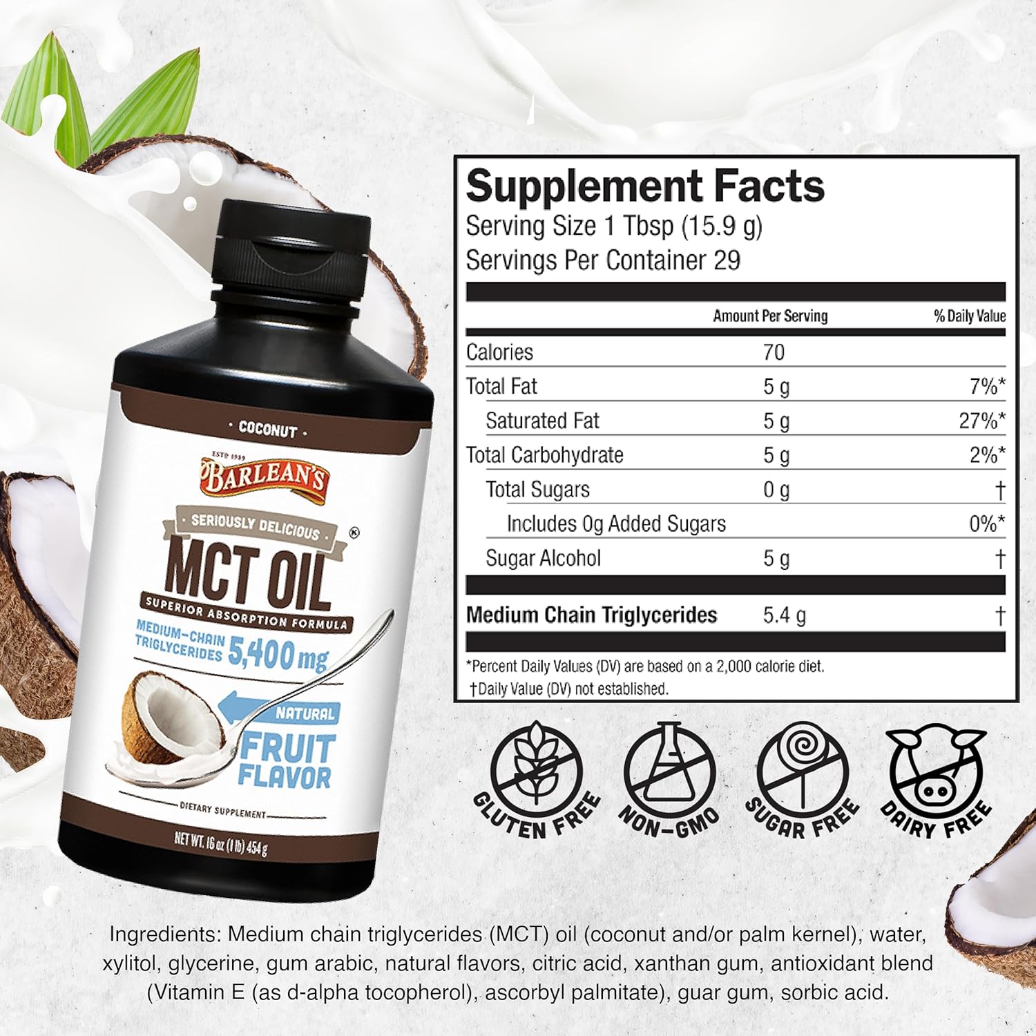 Barlean's Coconut Flavored Emulsified MCT Oil Supplement for Keto Coffee - 16 oz Bottle with 5,400mg Plant-Based MCTs for Energy and Focus