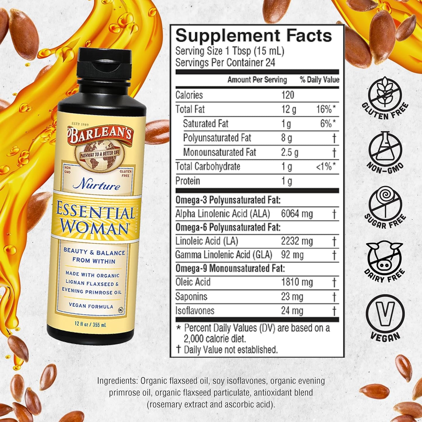 Barlean's Essential Woman Liquid Supplement, Organic Flaxseed & Evening Primrose Oil, Omega 3 6 9, 12 oz