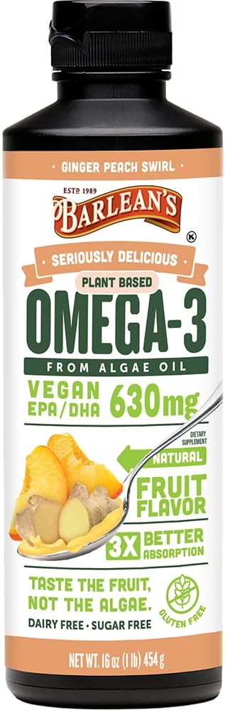 Barlean's Ginger Peach Vegan Omega 3 Liquid Algae Oil Supplement, 630 mg EPA & DHA, Plant Based Omegas, Non-GMO, Gluten Free - 16 oz