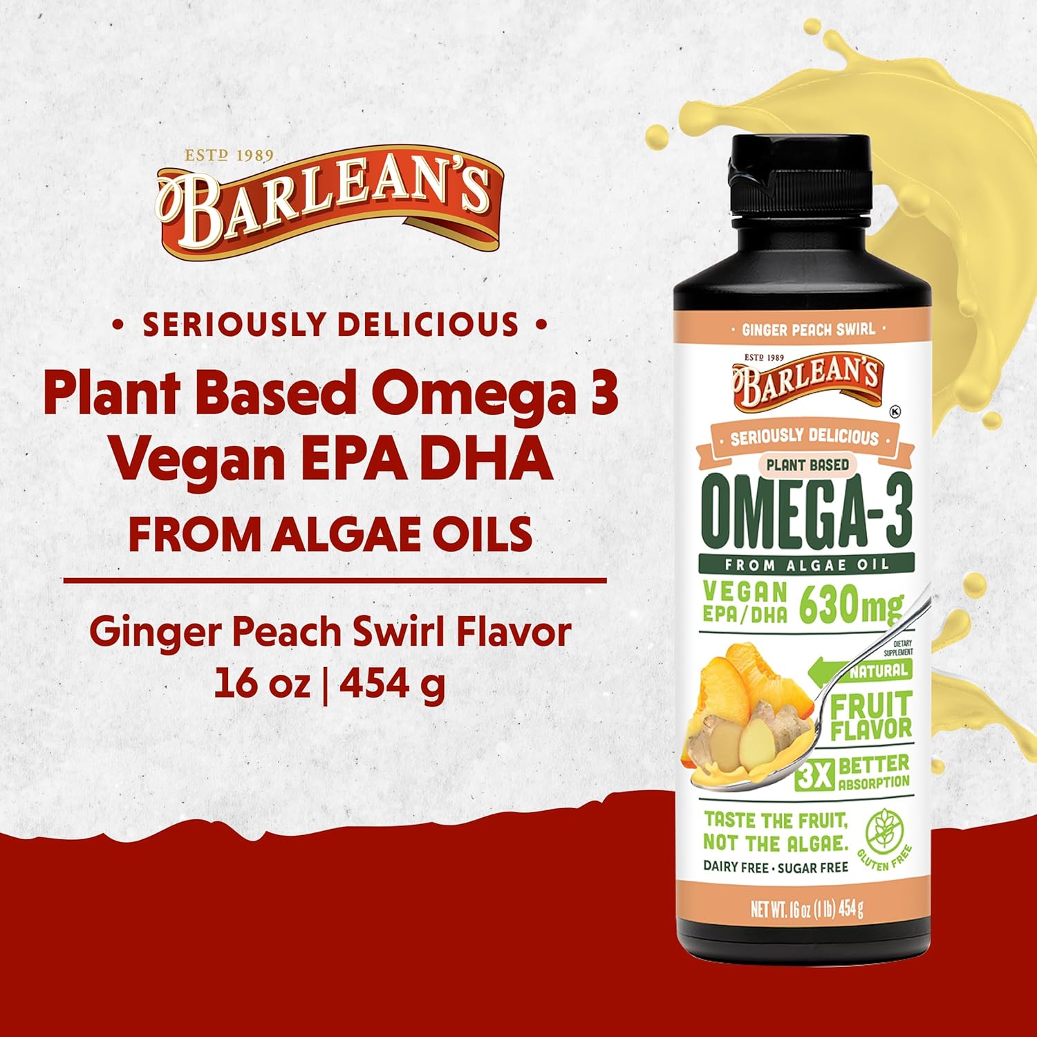Barlean's Ginger Peach Vegan Omega 3 Liquid Algae Oil Supplement, 630 mg EPA & DHA, Plant Based Omegas, Non-GMO, Gluten Free - 16 oz