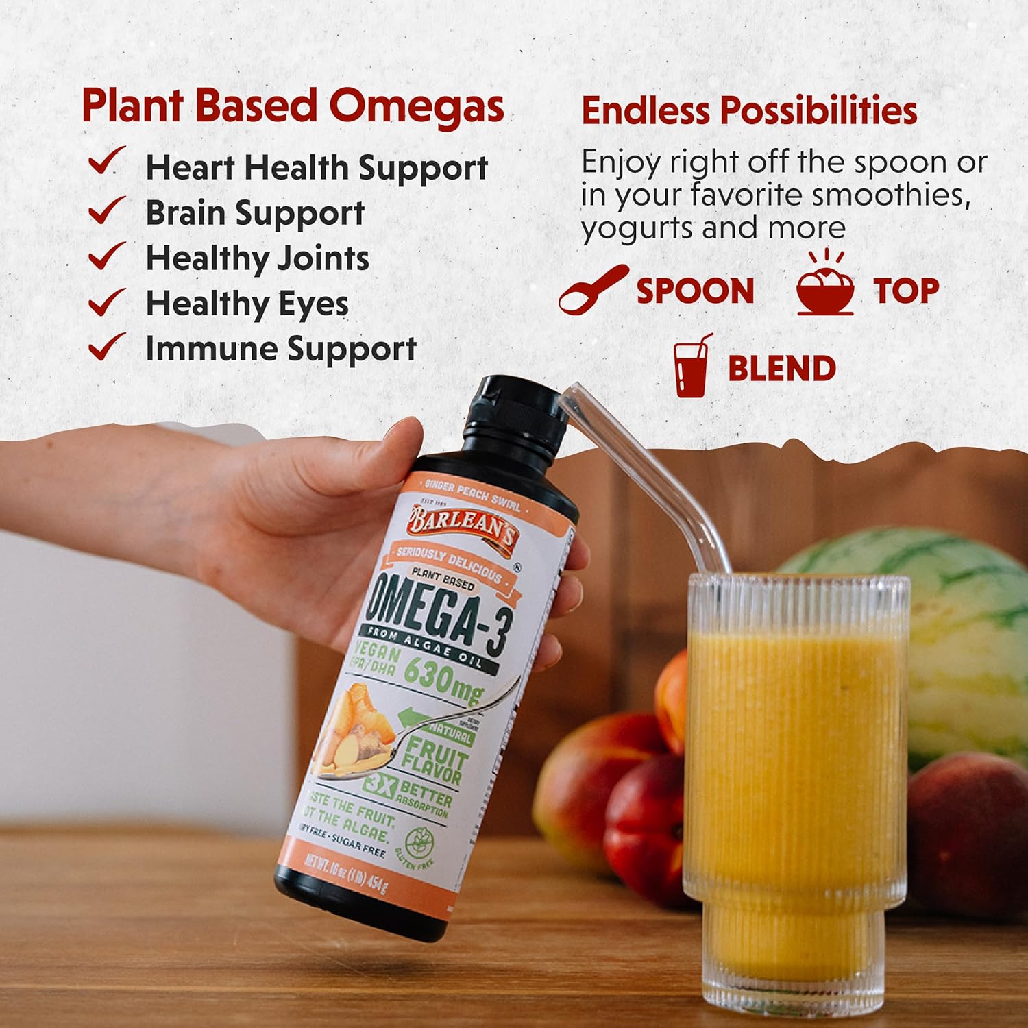 Barlean's Ginger Peach Vegan Omega 3 Liquid Algae Oil Supplement, 630 mg EPA & DHA, Plant Based Omegas, Non-GMO, Gluten Free - 16 oz