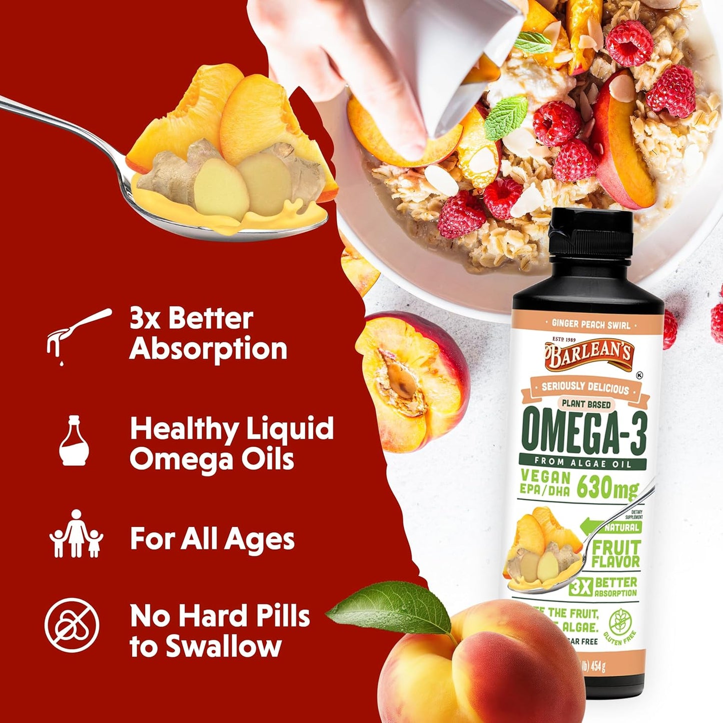 Barlean's Ginger Peach Vegan Omega 3 Liquid Algae Oil Supplement, 630 mg EPA & DHA, Plant Based Omegas, Non-GMO, Gluten Free - 16 oz