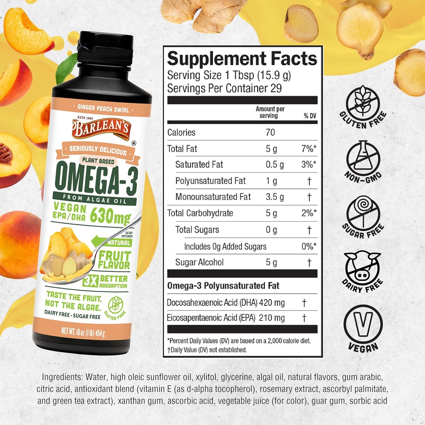 Barlean's Ginger Peach Vegan Omega 3 Liquid Algae Oil Supplement, 630 mg EPA & DHA, Plant Based Omegas, Non-GMO, Gluten Free - 16 oz