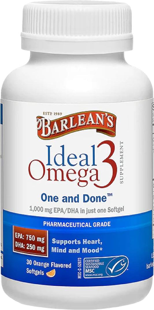 Barlean's Ideal Omega 3 Fish Oil Softgels, 1,000mg, Pharmaceutical Grade EPA & DHA, Orange Flavor - 30 ct