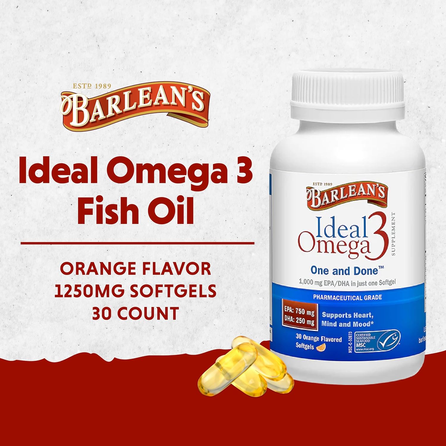 Barlean's Ideal Omega 3 Fish Oil Softgels, 1,000mg, Pharmaceutical Grade EPA & DHA, Orange Flavor - 30 ct