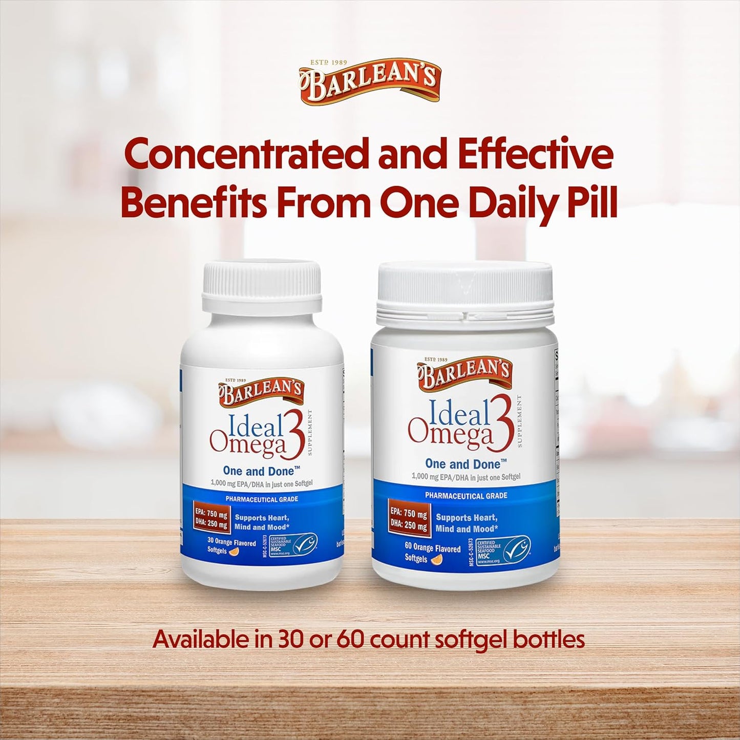 Barlean's Ideal Omega 3 Fish Oil Softgels, 1,000mg, Pharmaceutical Grade EPA & DHA, Orange Flavor - 30 ct