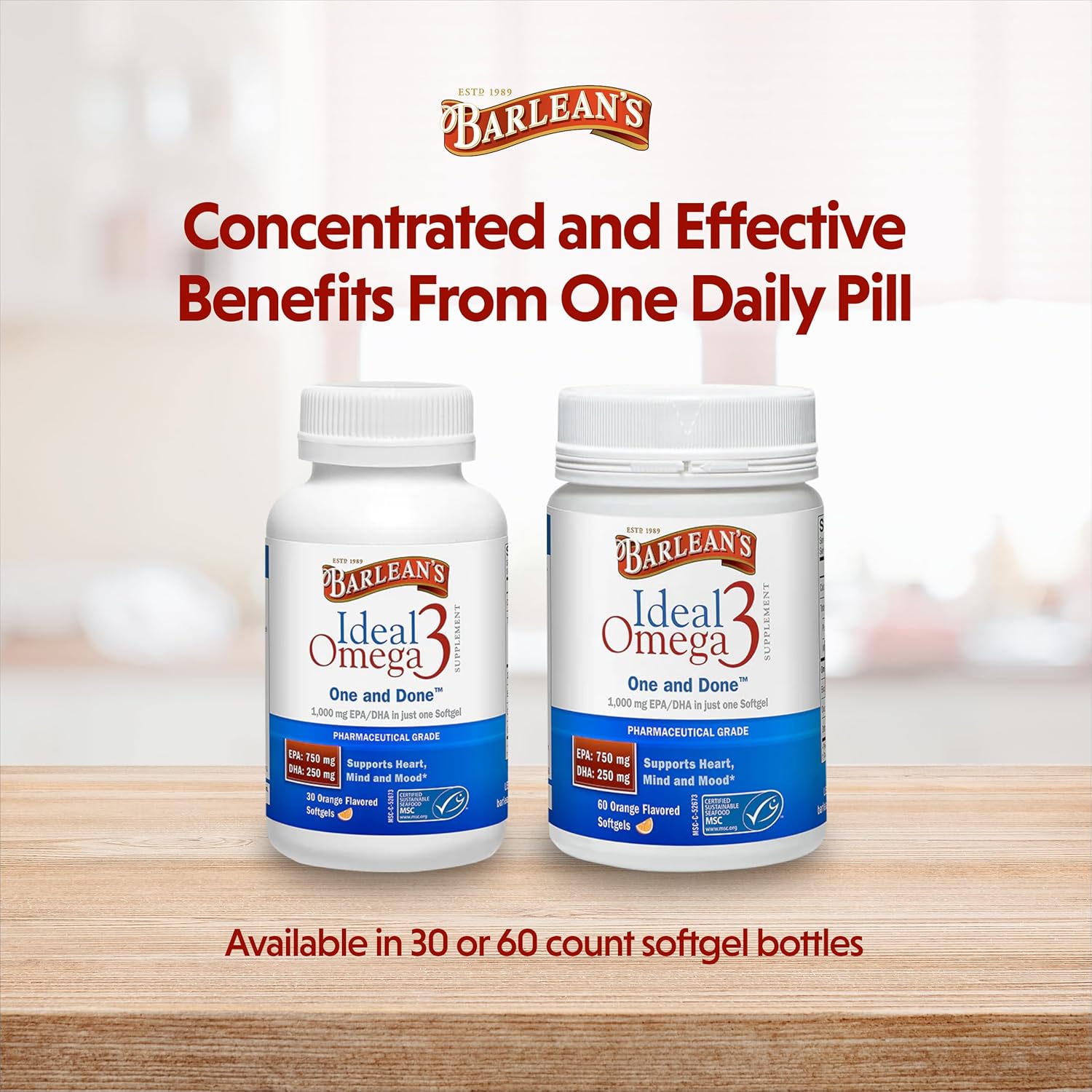 Barlean's Ideal Omega 3 Fish Oil Softgels, 1,000mg, Pharmaceutical Grade EPA & DHA, Orange Flavor - 30 ct