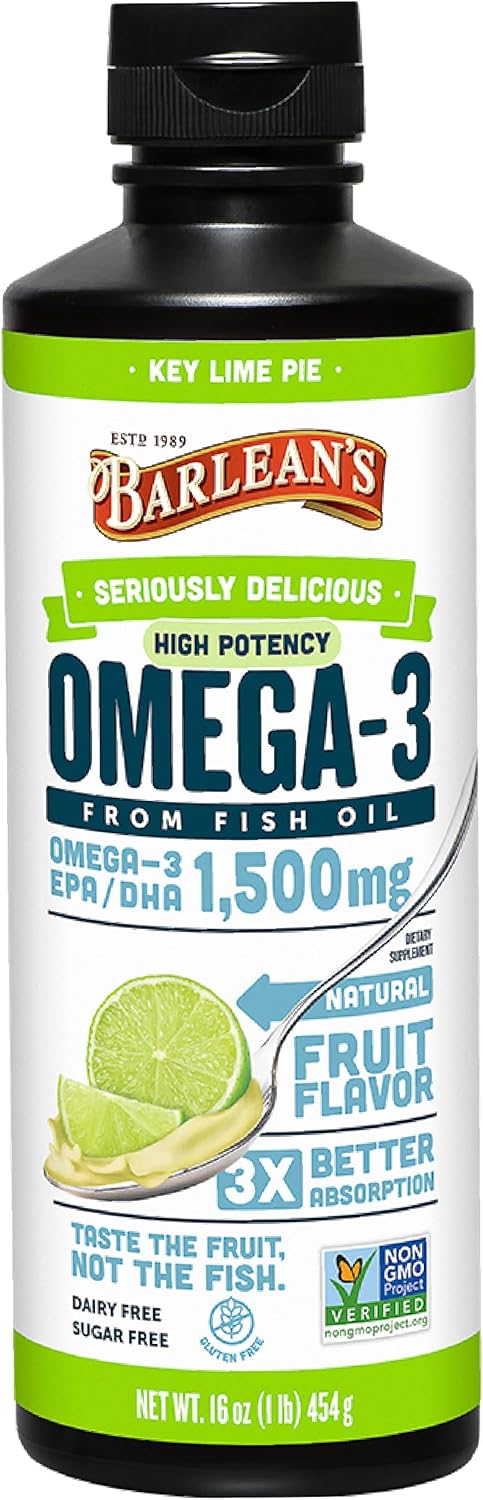 Barlean's Key Lime Pie Omega-3 Fish Oil Liquid Supplement, 1500mg EPA & DHA, Smoothie Flavored, Burpless, 16 oz - Brain, Joint, Heart Health