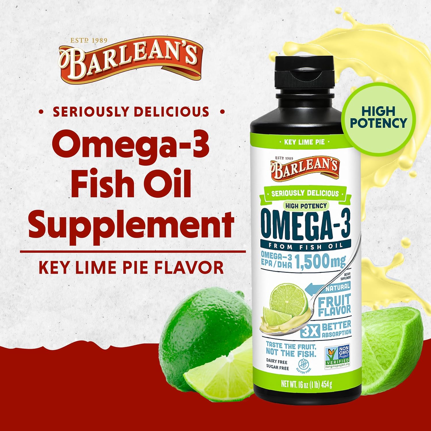 Barlean's Key Lime Pie Omega-3 Fish Oil Liquid Supplement, 1500mg EPA & DHA, Smoothie Flavored, Burpless, 16 oz - Brain, Joint, Heart Health