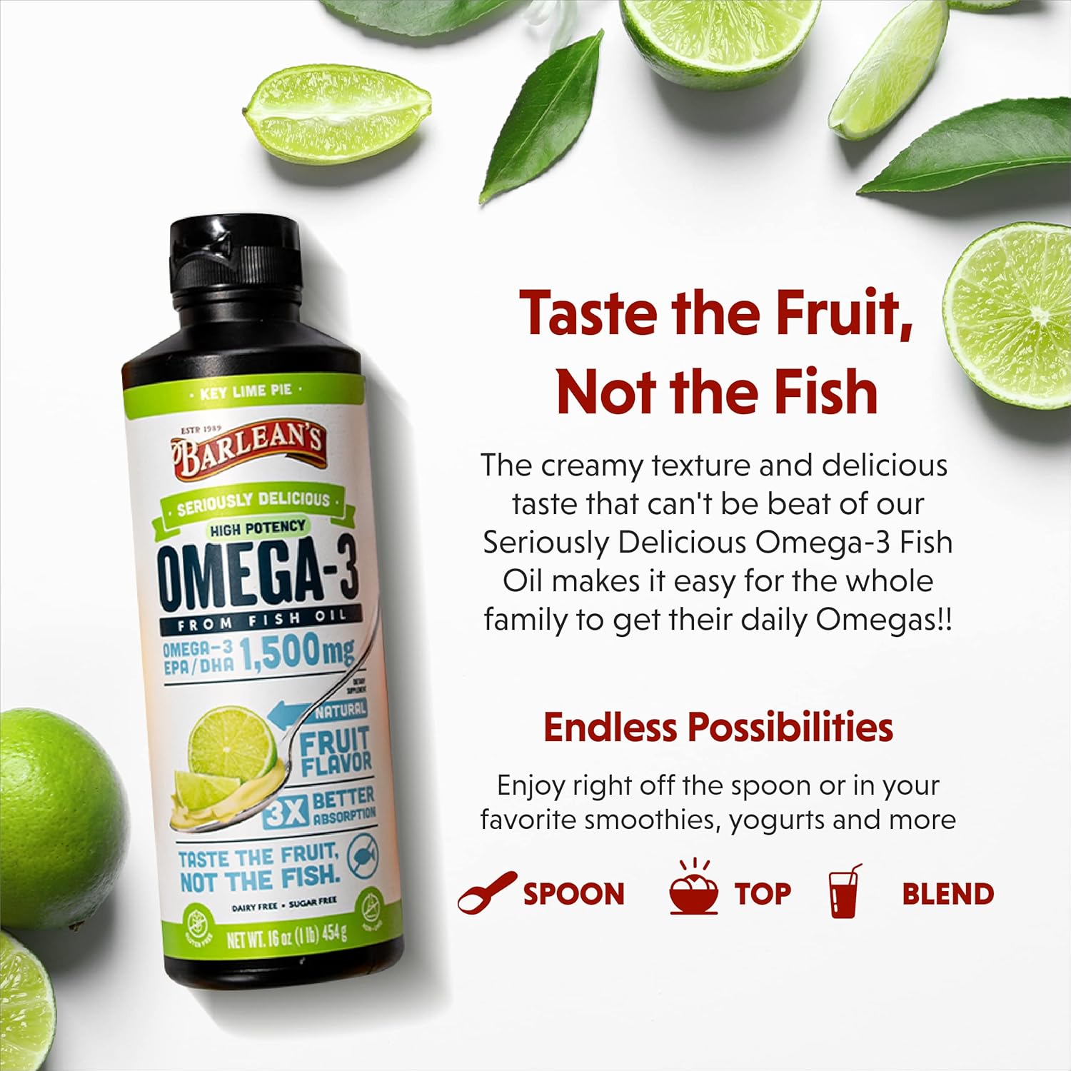 Barlean's Key Lime Pie Omega-3 Fish Oil Liquid Supplement, 1500mg EPA & DHA, Smoothie Flavored, Burpless, 16 oz - Brain, Joint, Heart Health