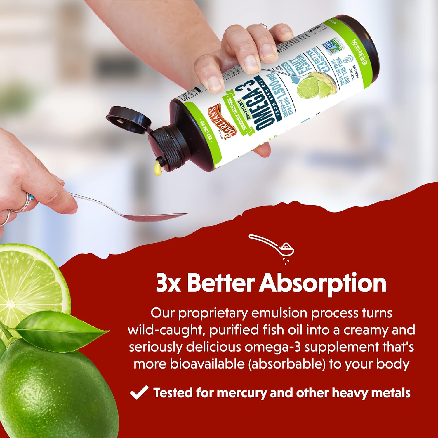 Barlean's Key Lime Pie Omega-3 Fish Oil Liquid Supplement, 1500mg EPA & DHA, Smoothie Flavored, Burpless, 16 oz - Brain, Joint, Heart Health
