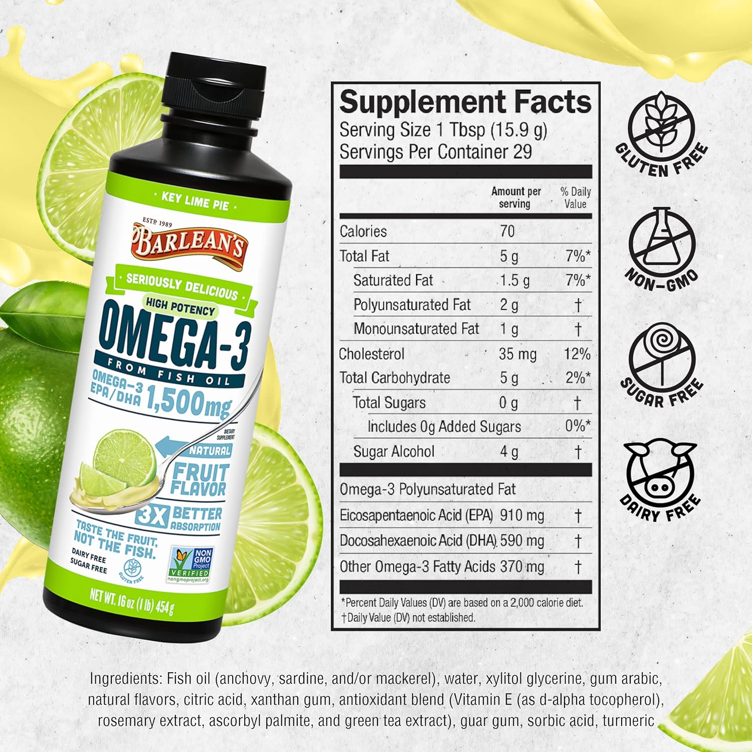Barlean's Key Lime Pie Omega-3 Fish Oil Liquid Supplement, 1500mg EPA & DHA, Smoothie Flavored, Burpless, 16 oz - Brain, Joint, Heart Health