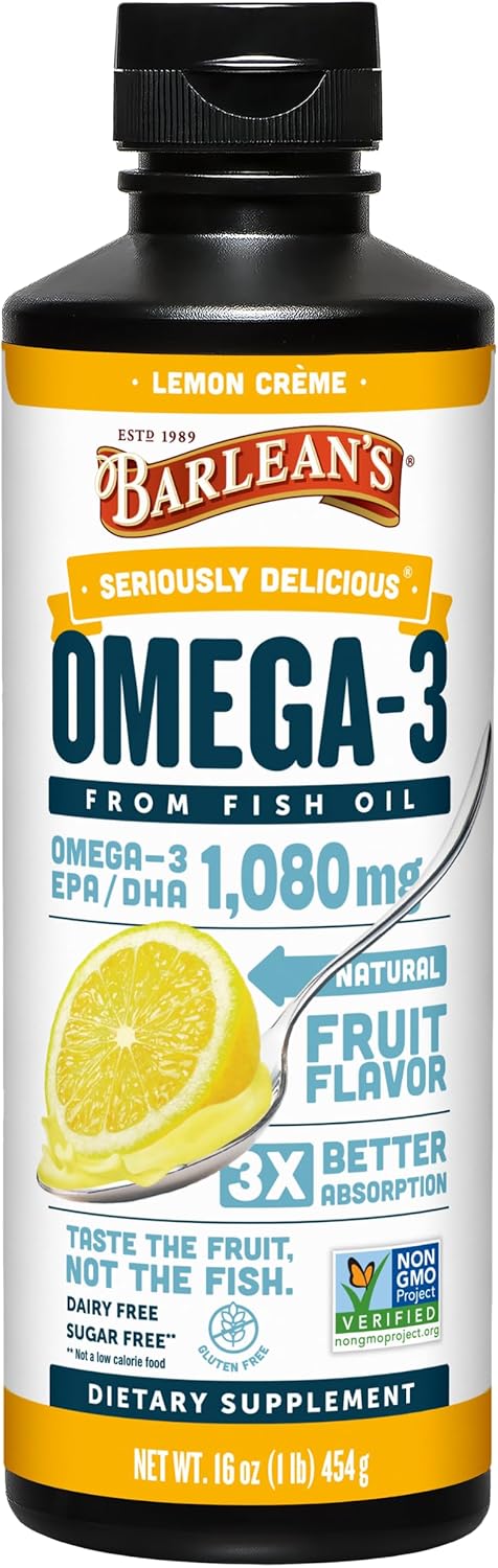 Barlean's Lemon Crème Omega 3 Fish Oil Liquid Supplement - 1080mg EPA & DHA Fatty Acid - 16 oz Bottle