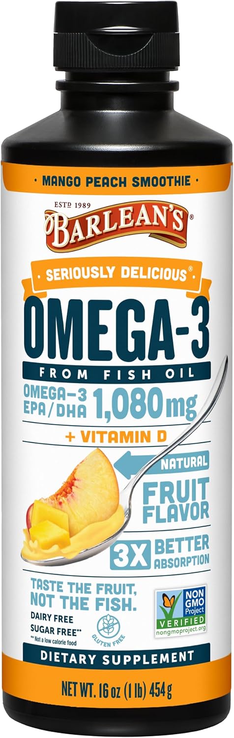 Barlean's Mango Peach Omega 3 Fish Oil Liquid Supplement with Vitamin D - 16 oz - Smoothie Flavored - Burpless - Brain, Joint, & Heart Health - 1080mg EPA & DHA Fatty Acid