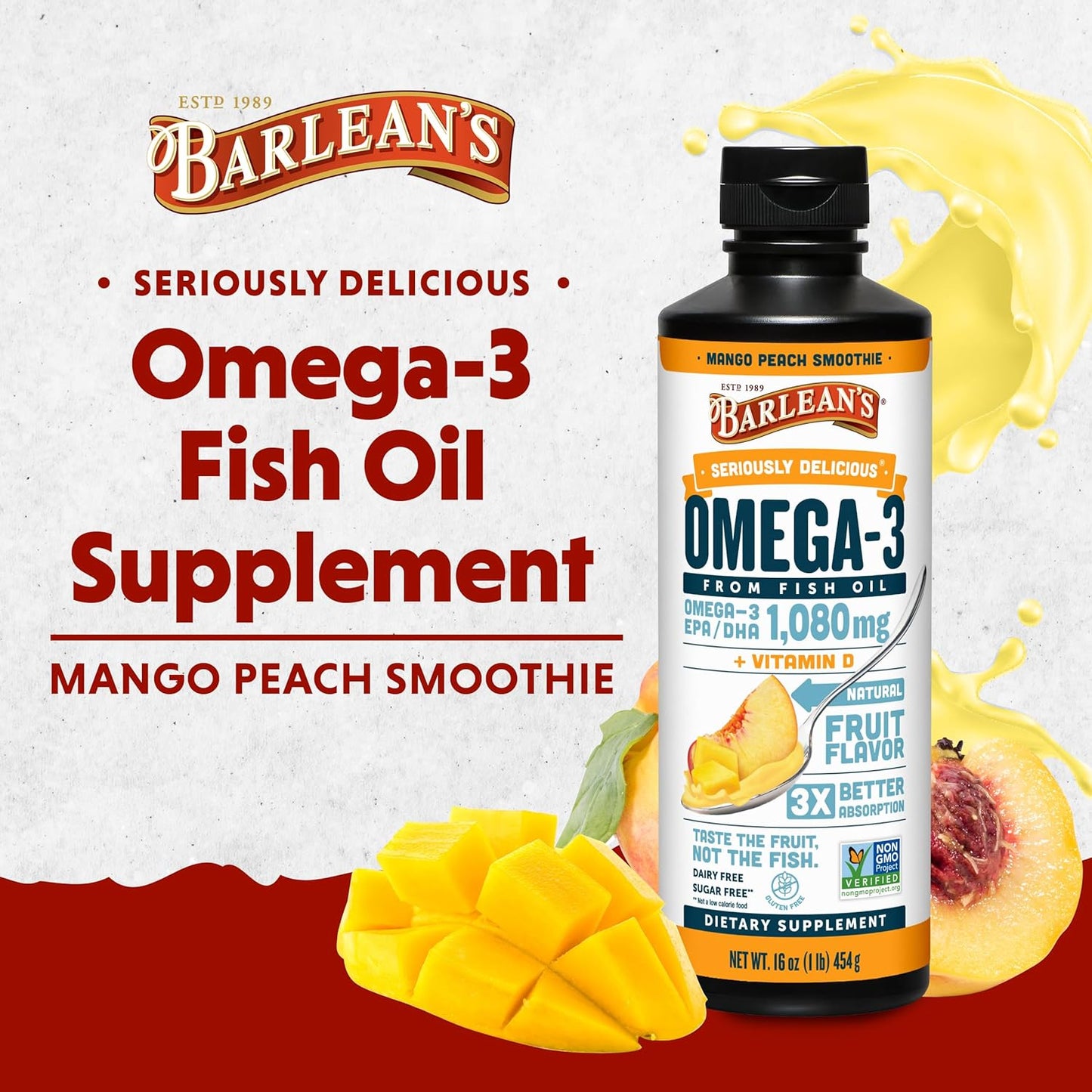 Barlean's Mango Peach Omega 3 Fish Oil Liquid Supplement with Vitamin D - 16 oz - Smoothie Flavored - Burpless - Brain, Joint, & Heart Health - 1080mg EPA & DHA Fatty Acid
