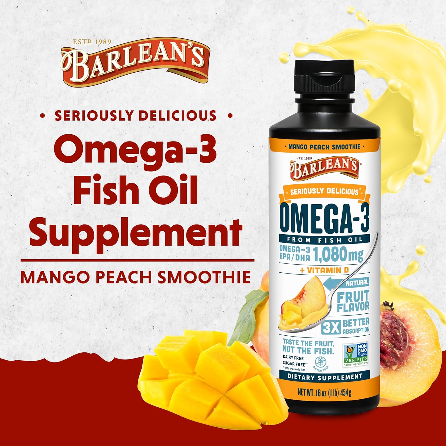 Barlean's Mango Peach Omega 3 Fish Oil Liquid Supplement with Vitamin D - 16 oz - Smoothie Flavored - Burpless - Brain, Joint, & Heart Health - 1080mg EPA & DHA Fatty Acid