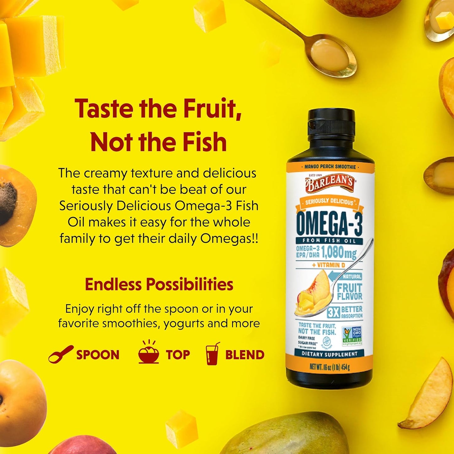 Barlean's Mango Peach Omega 3 Fish Oil Liquid Supplement with Vitamin D - 16 oz - Smoothie Flavored - Burpless - Brain, Joint, & Heart Health - 1080mg EPA & DHA Fatty Acid