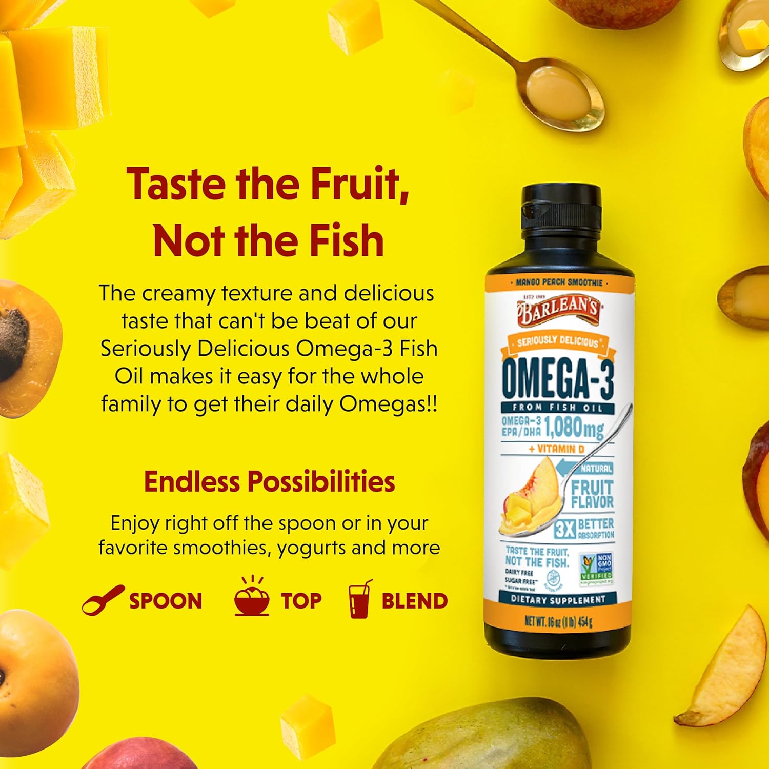 Barlean's Mango Peach Omega 3 Fish Oil Liquid Supplement with Vitamin D - 16 oz - Smoothie Flavored - Burpless - Brain, Joint, & Heart Health - 1080mg EPA & DHA Fatty Acid