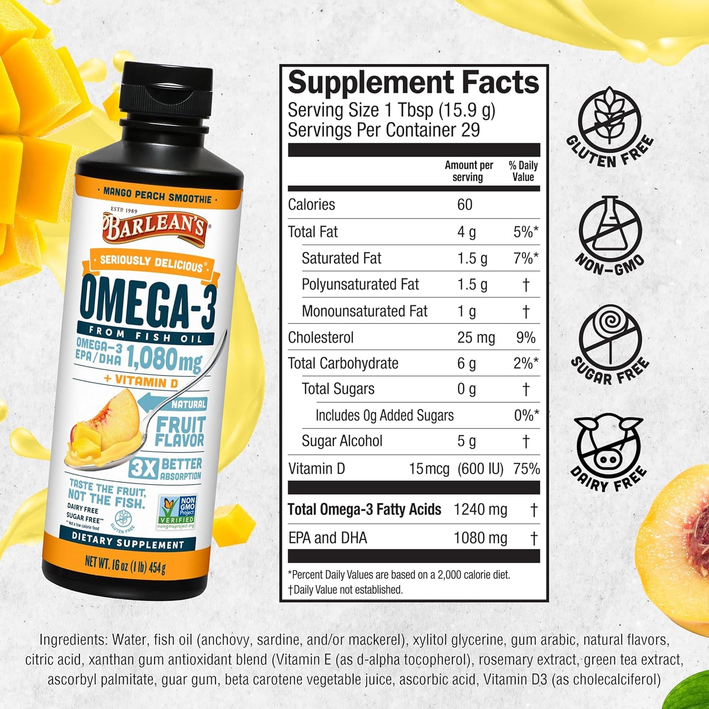 Barlean's Mango Peach Omega 3 Fish Oil Liquid Supplement with Vitamin D - 16 oz - Smoothie Flavored - Burpless - Brain, Joint, & Heart Health - 1080mg EPA & DHA Fatty Acid