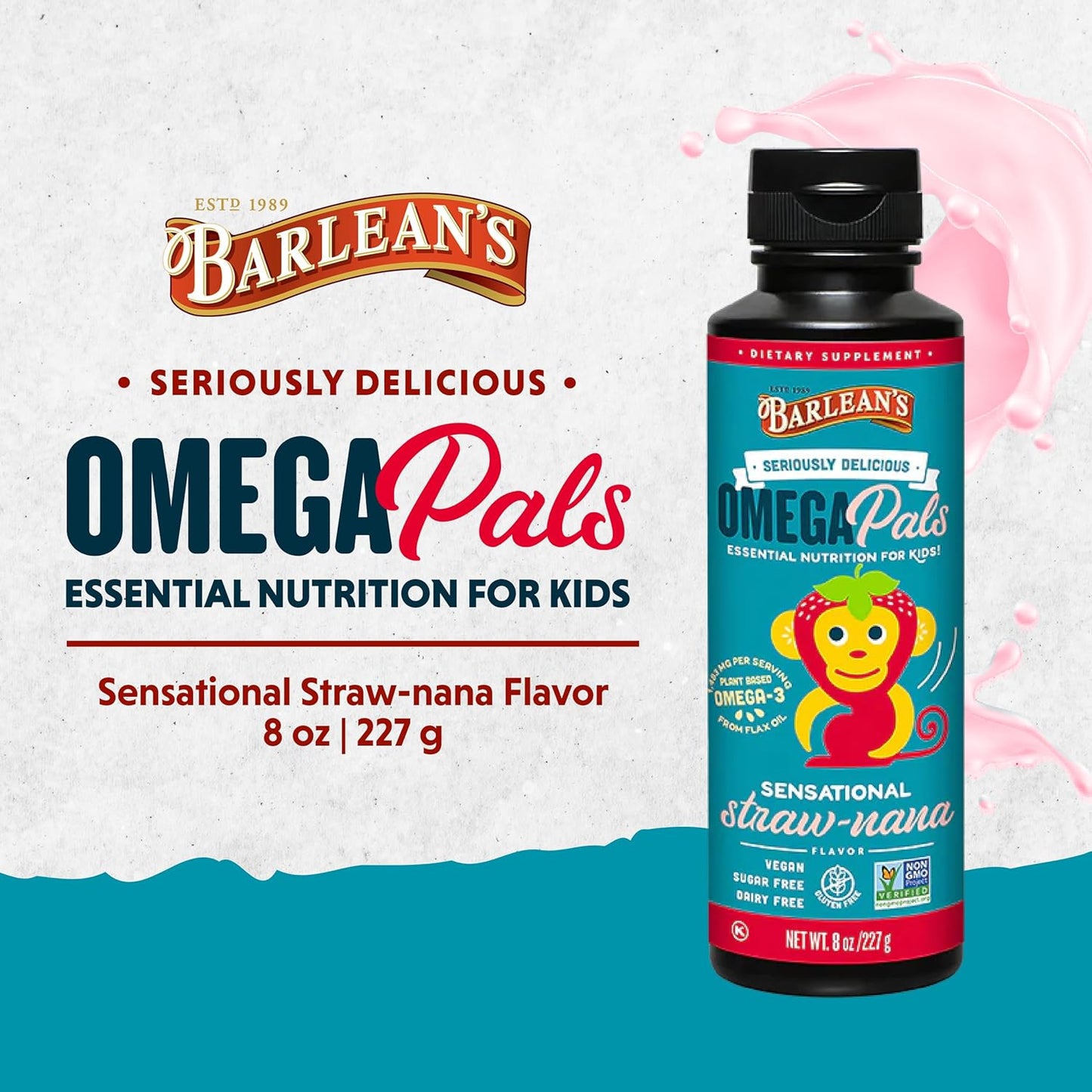 Barlean's Omega Pals Omega 3 for Kids, Straw-Nana Flavored Liquid Flax Seed Oil Supplement, 1,483 mg ALA, Non-GMO, Vegan, 8 oz