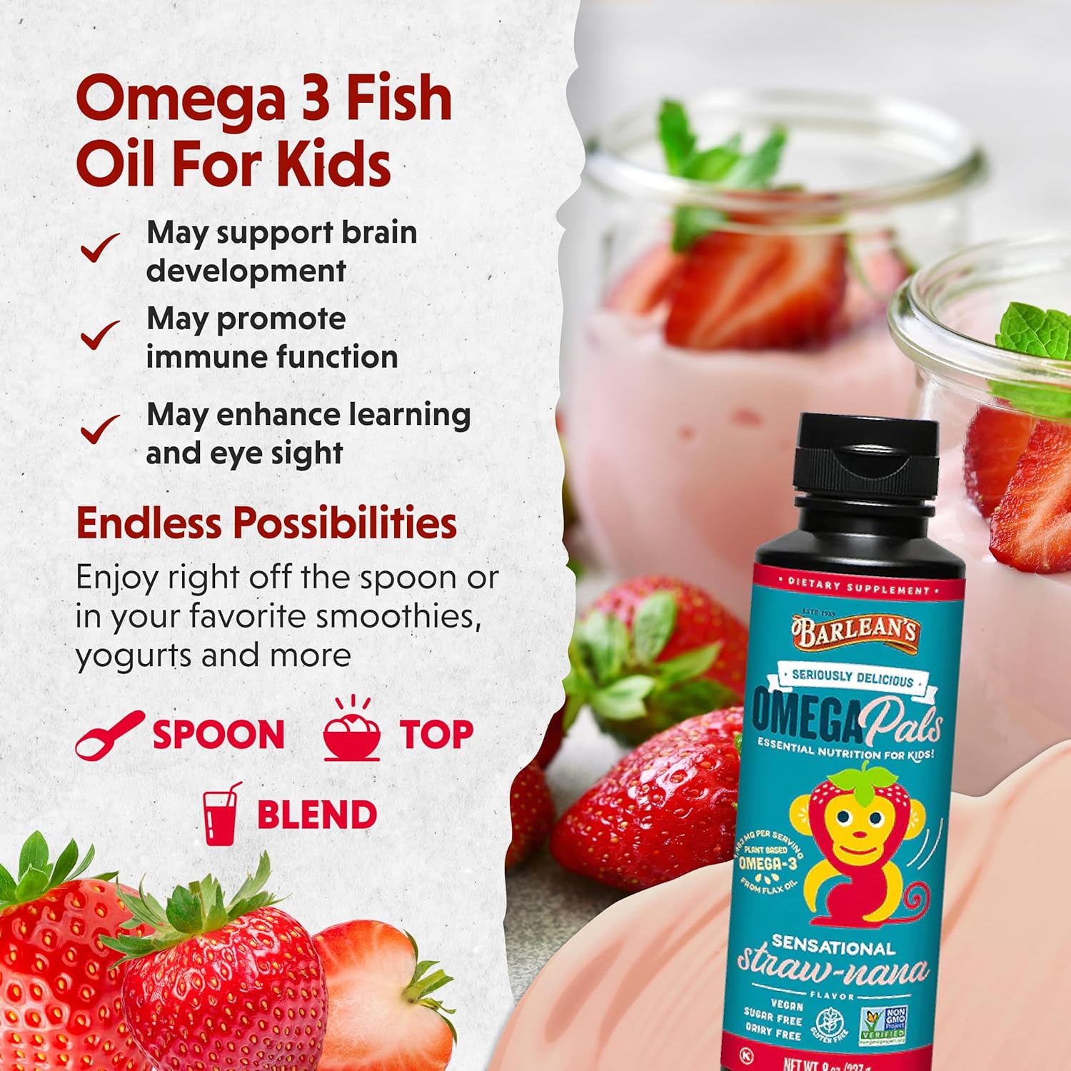 Barlean's Omega Pals Omega 3 for Kids, Straw-Nana Flavored Liquid Flax Seed Oil Supplement, 1,483 mg ALA, Non-GMO, Vegan, 8 oz