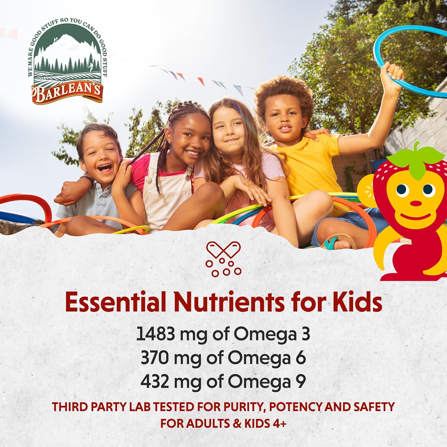 Barlean's Omega Pals Omega 3 for Kids, Straw-Nana Flavored Liquid Flax Seed Oil Supplement, 1,483 mg ALA, Non-GMO, Vegan, 8 oz