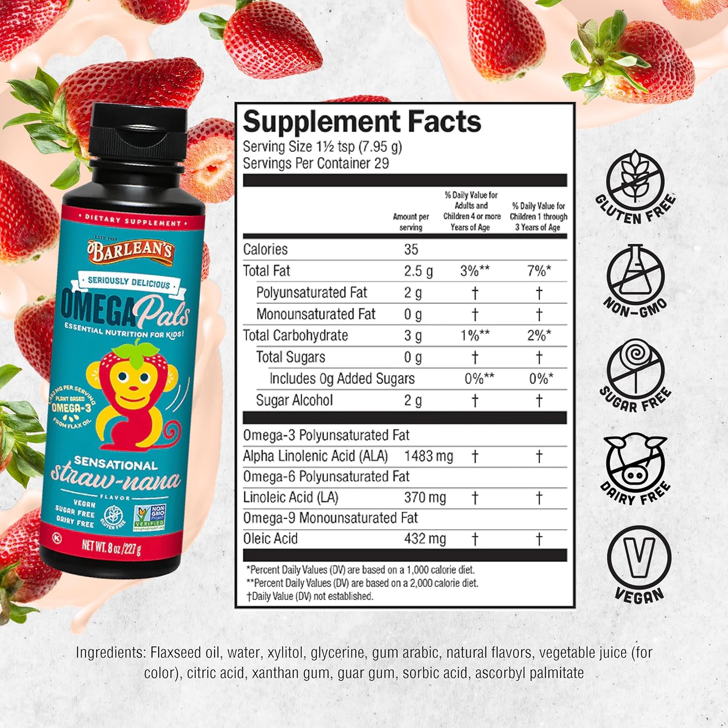Barlean's Omega Pals Omega 3 for Kids, Straw-Nana Flavored Liquid Flax Seed Oil Supplement, 1,483 mg ALA, Non-GMO, Vegan, 8 oz