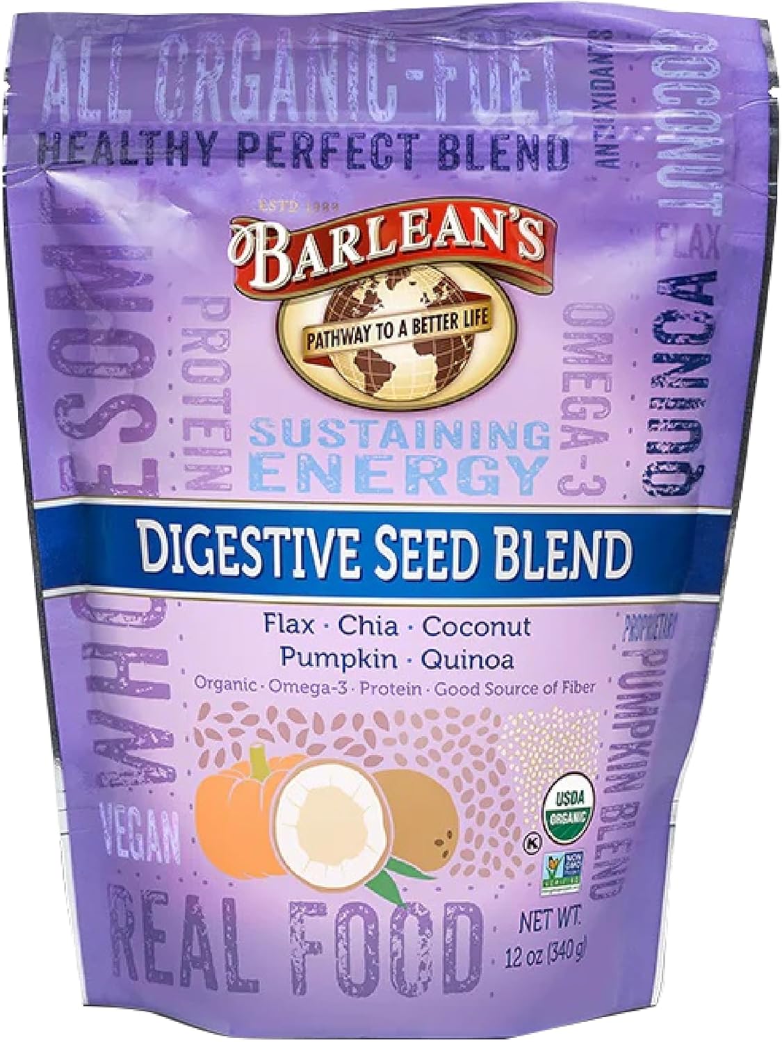 Barlean's Organic Digestive Seed Blend Fiber Supplement: Chia, Flax, Pumpkin Seeds, Quinoa, Coconut - 12 oz, High in Omega 3 & Fiber