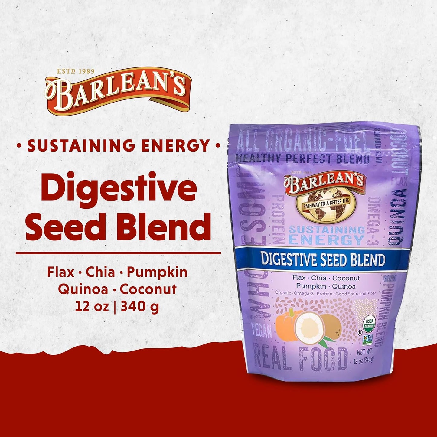 Barlean's Organic Digestive Seed Blend Fiber Supplement: Chia, Flax, Pumpkin Seeds, Quinoa, Coconut - 12 oz, High in Omega 3 & Fiber
