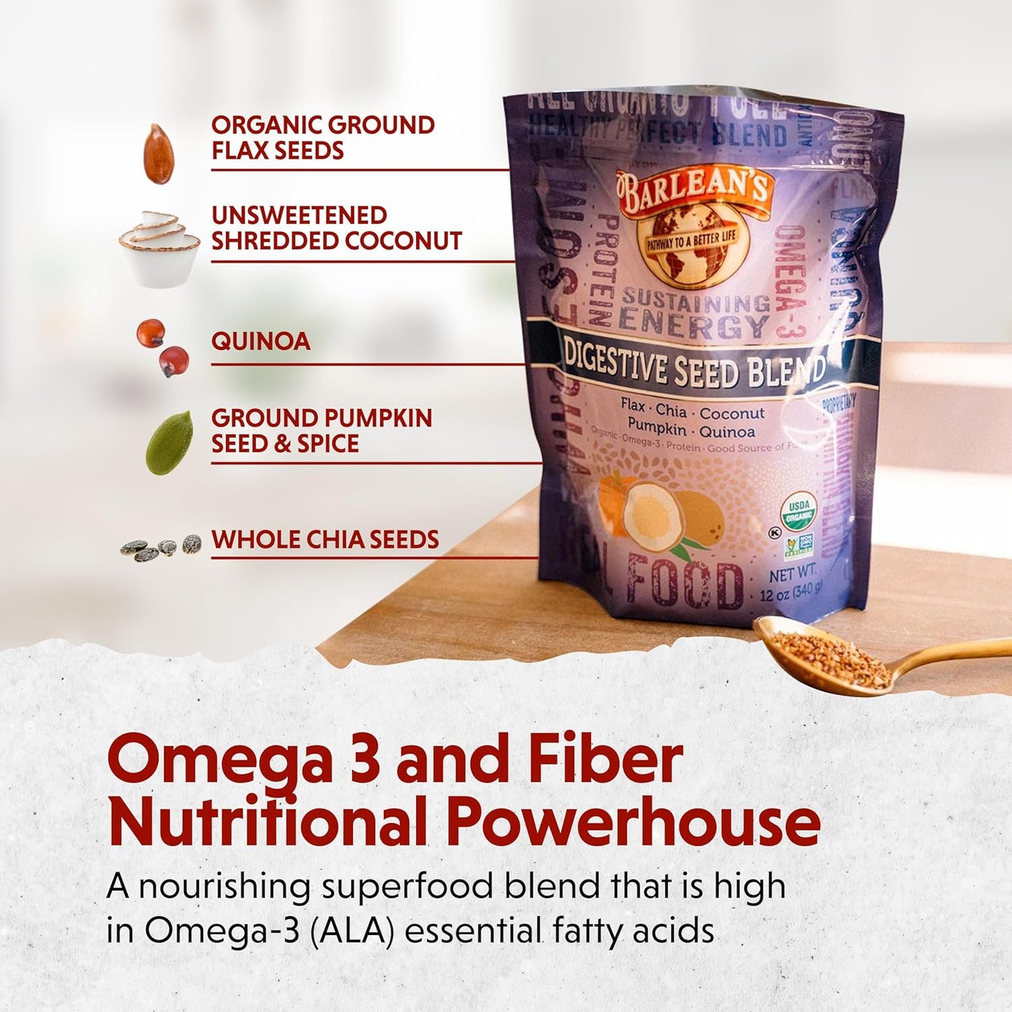 Barlean's Organic Digestive Seed Blend Fiber Supplement: Chia, Flax, Pumpkin Seeds, Quinoa, Coconut - 12 oz, High in Omega 3 & Fiber
