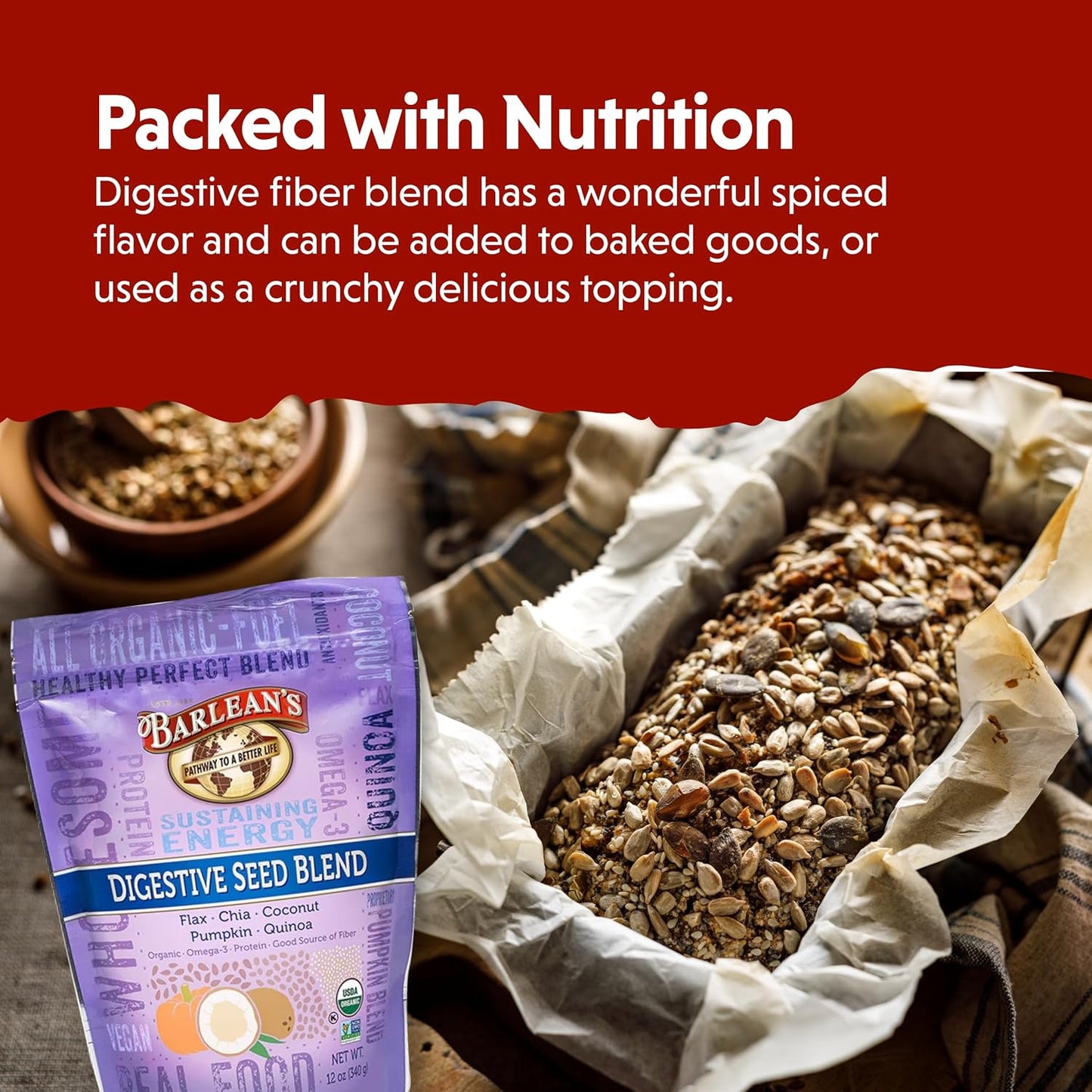 Barlean's Organic Digestive Seed Blend Fiber Supplement: Chia, Flax, Pumpkin Seeds, Quinoa, Coconut - 12 oz, High in Omega 3 & Fiber