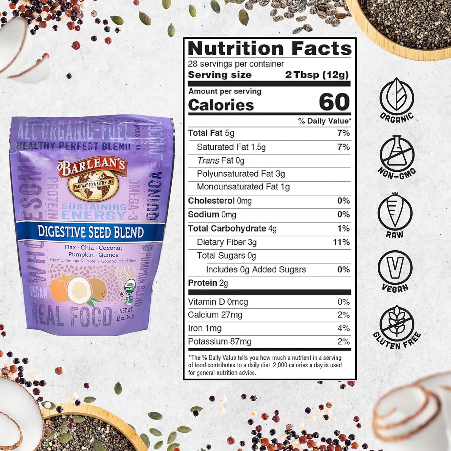 Barlean's Organic Digestive Seed Blend Fiber Supplement: Chia, Flax, Pumpkin Seeds, Quinoa, Coconut - 12 oz, High in Omega 3 & Fiber