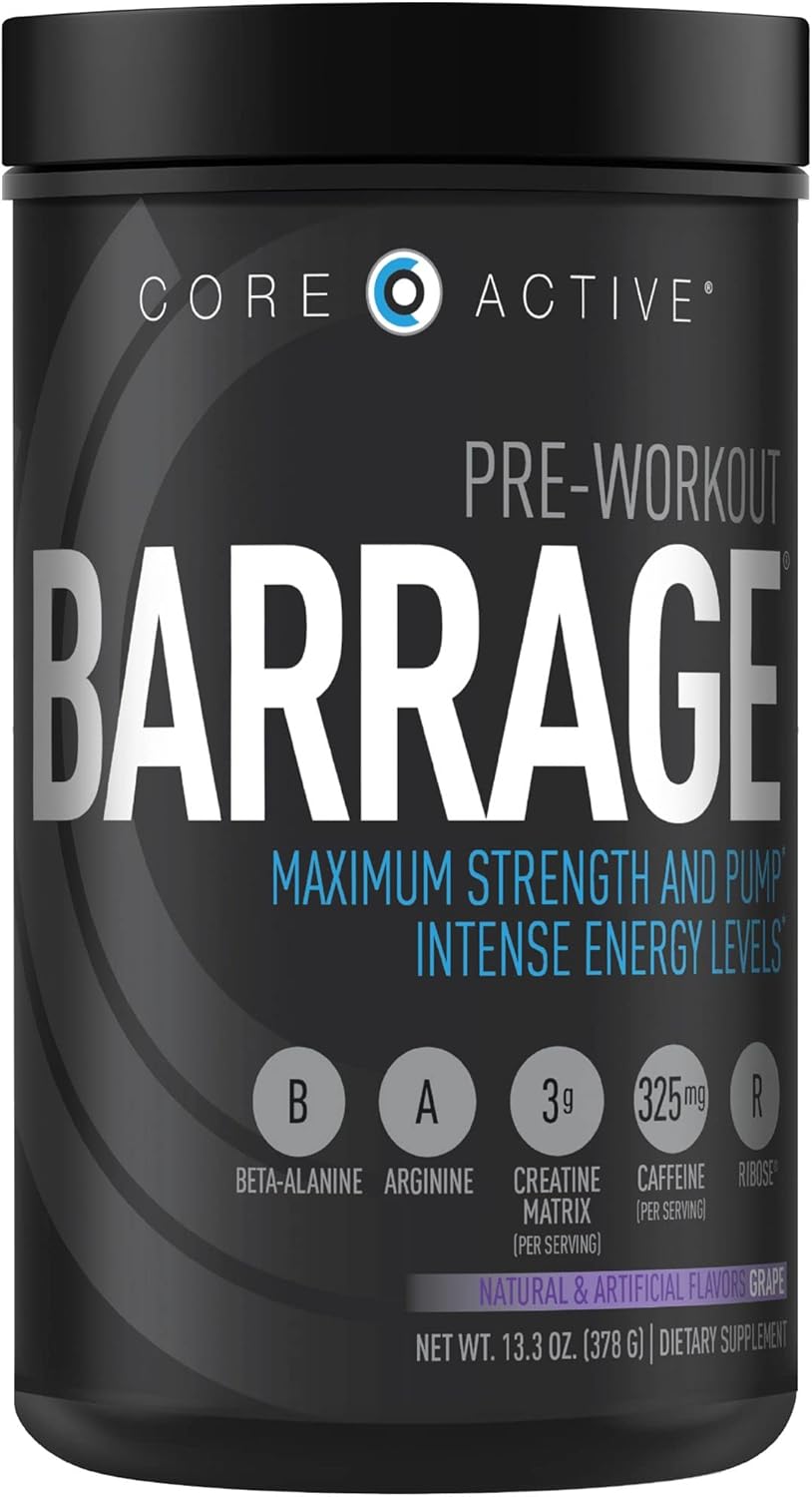 Barrage Pre Workout Powder - Ideal Preworkout for Women & Men, Creatine, Beta Alanine, Agmatine Sulfate, & Caffeine - Muscle Builder with Intense Energy - Grape Flavor (30 Servings)