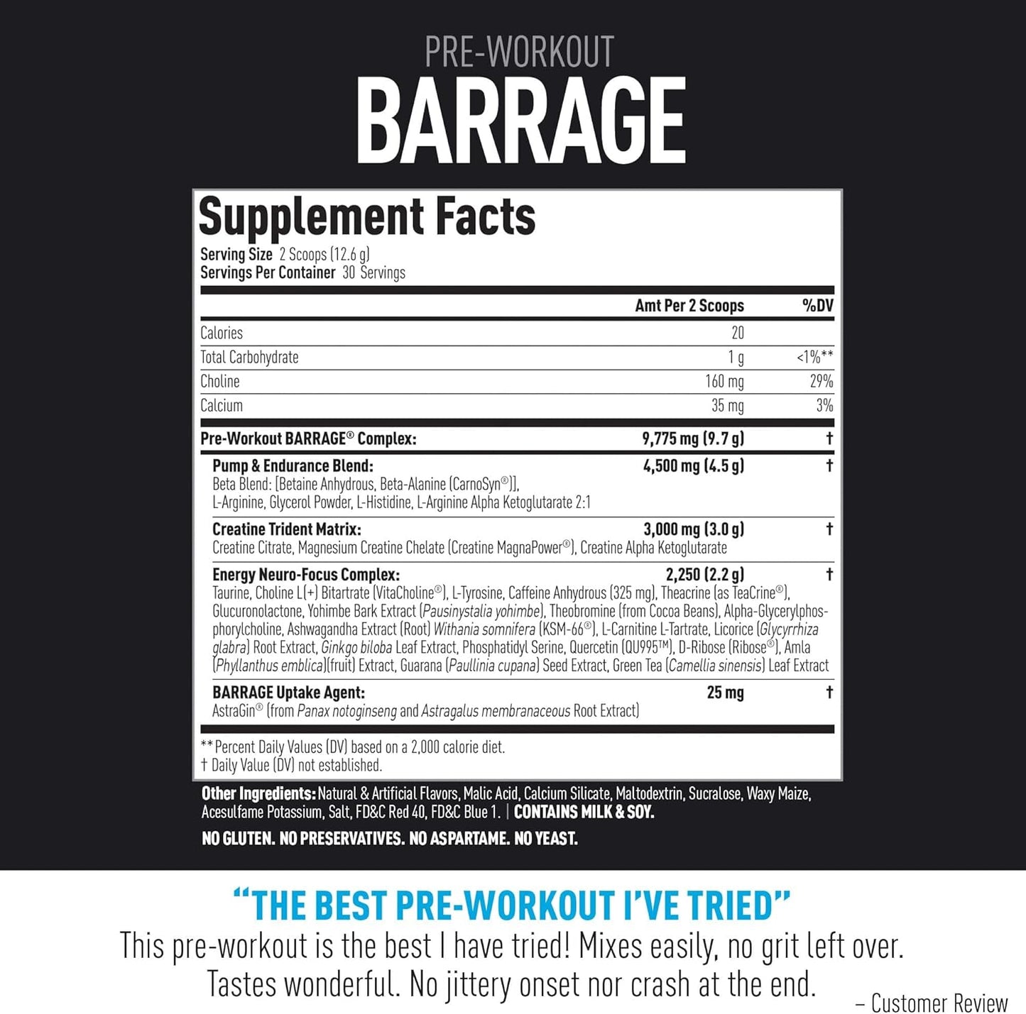 Barrage Pre Workout Powder - Ideal Preworkout for Women & Men, Creatine, Beta Alanine, Agmatine Sulfate, & Caffeine - Muscle Builder with Intense Energy - Grape Flavor (30 Servings)