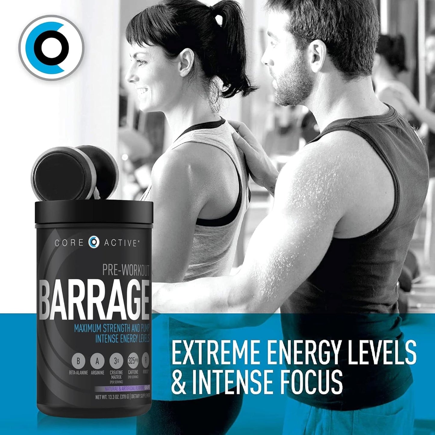 Barrage Pre Workout Powder - Ideal Preworkout for Women & Men, Creatine, Beta Alanine, Agmatine Sulfate, & Caffeine - Muscle Builder with Intense Energy - Grape Flavor (30 Servings)