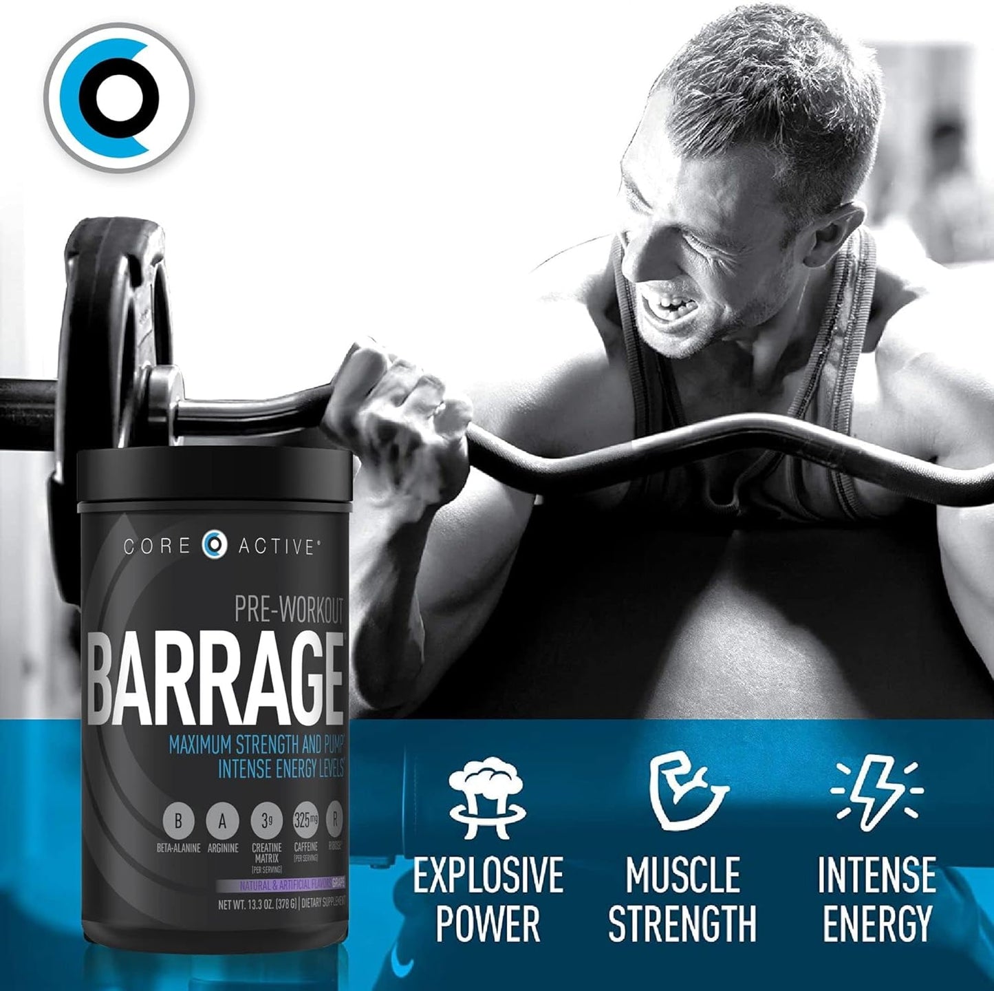 Barrage Pre Workout Powder - Ideal Preworkout for Women & Men, Creatine, Beta Alanine, Agmatine Sulfate, & Caffeine - Muscle Builder with Intense Energy - Grape Flavor (30 Servings)